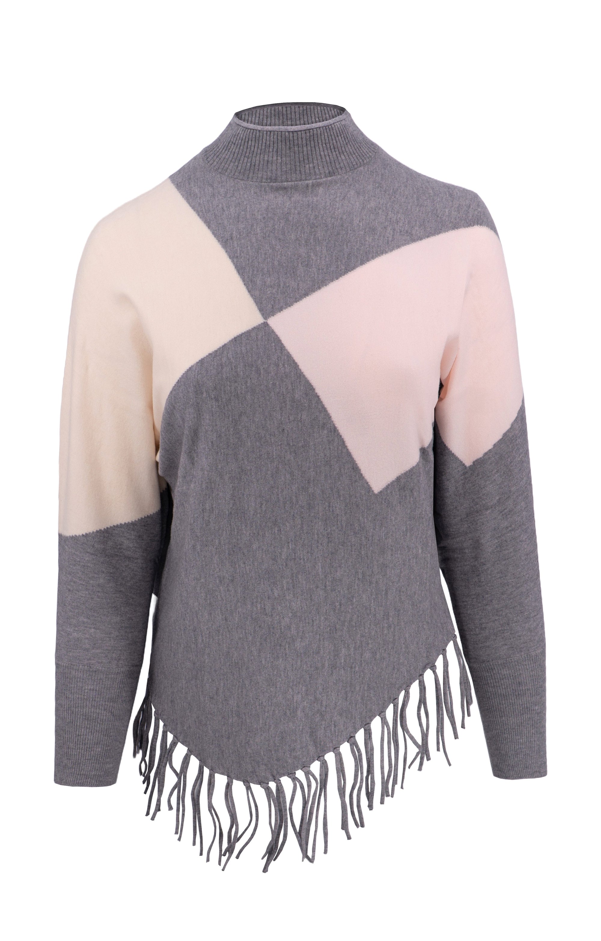 Strickpullover mit asymmetrischem Saum mit Fransen