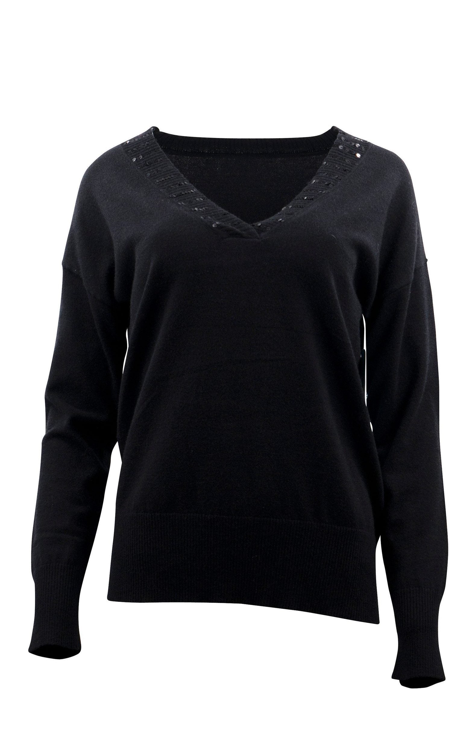 Strickpullover in Schwarz mit V-Ausschnitt und Paillettendetails