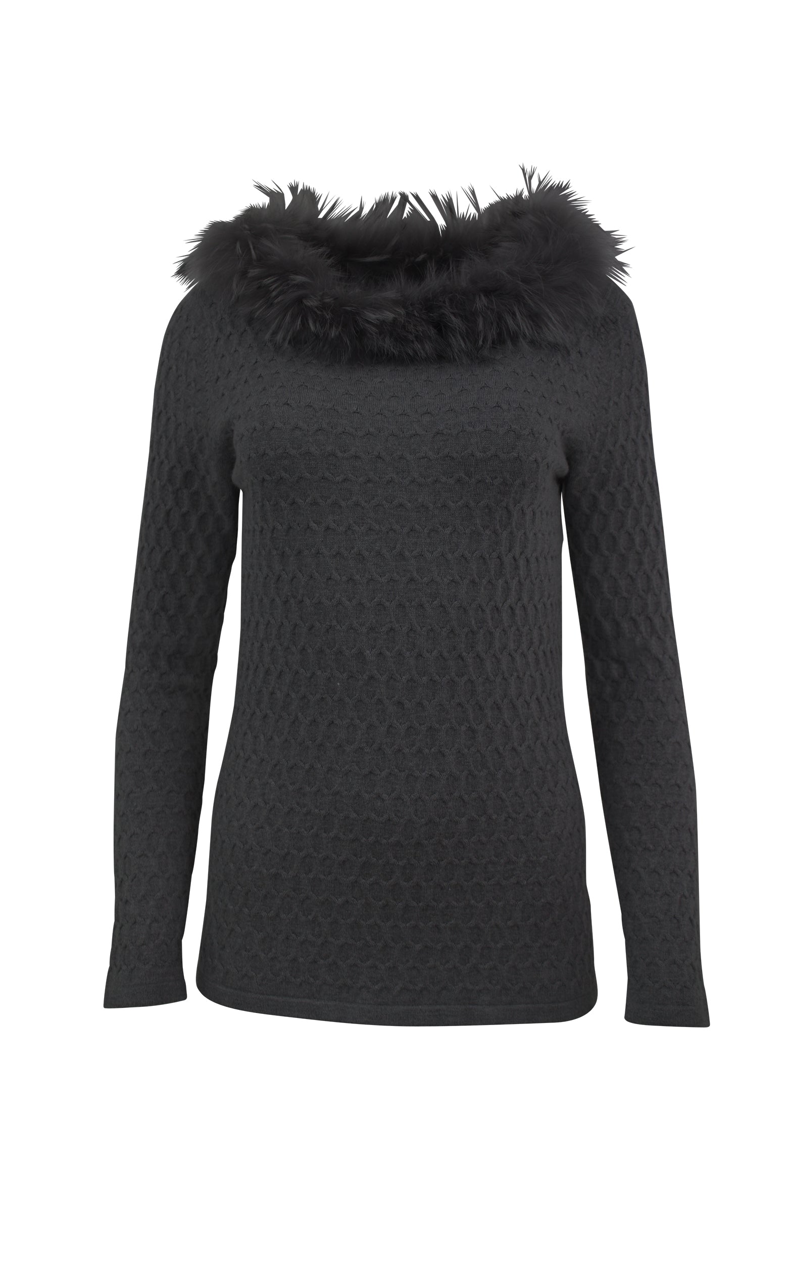 Strukturierter Strickpullover mit luxuriösem Pelzkragen