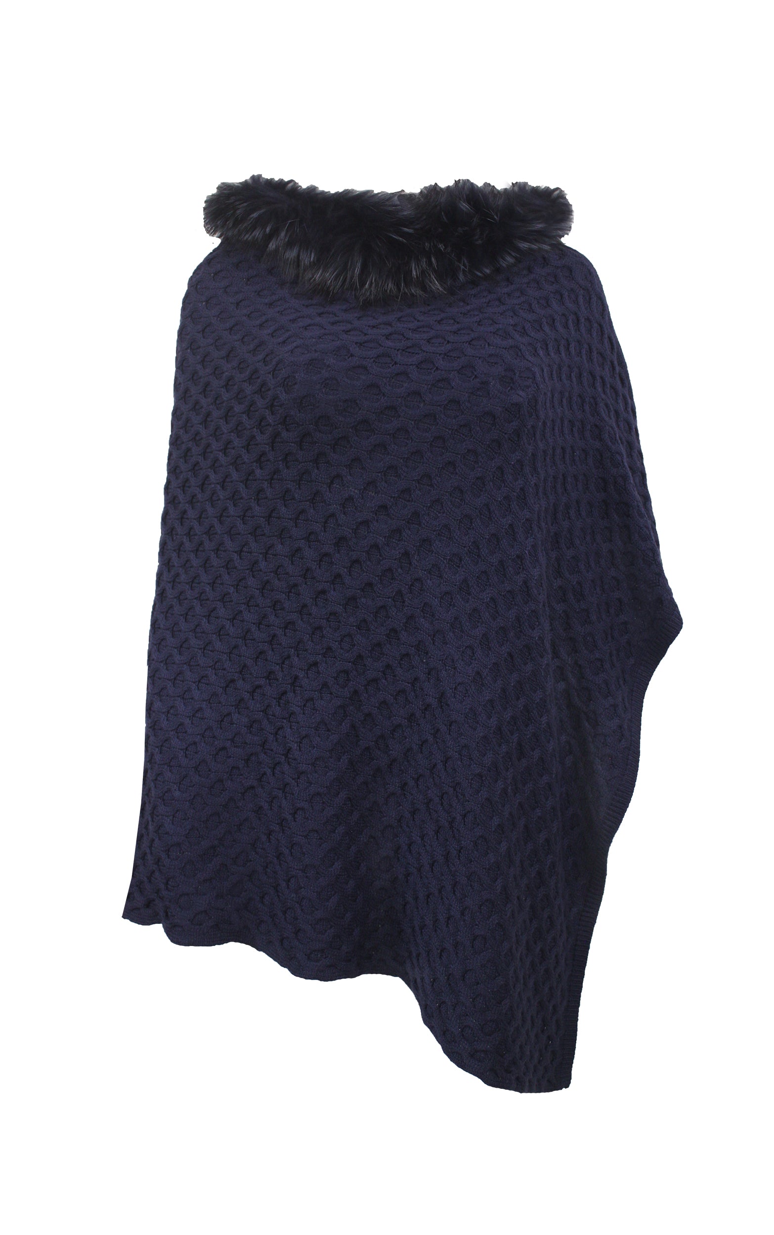 Strukturierter Strickponcho mit Pelzbesatz