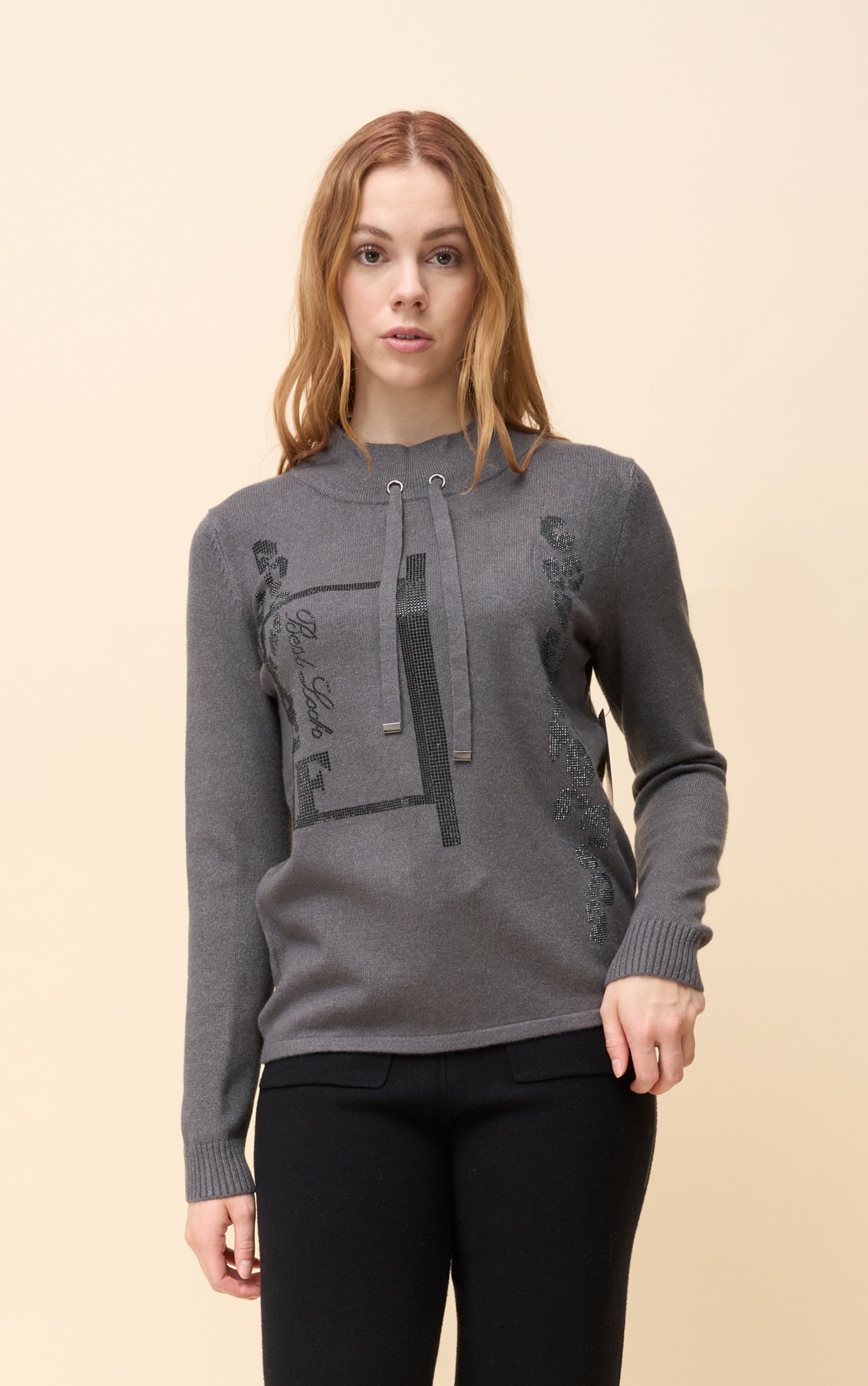 Strickpullover mit Strassdetails, Stehkragen und Zugglaschen
