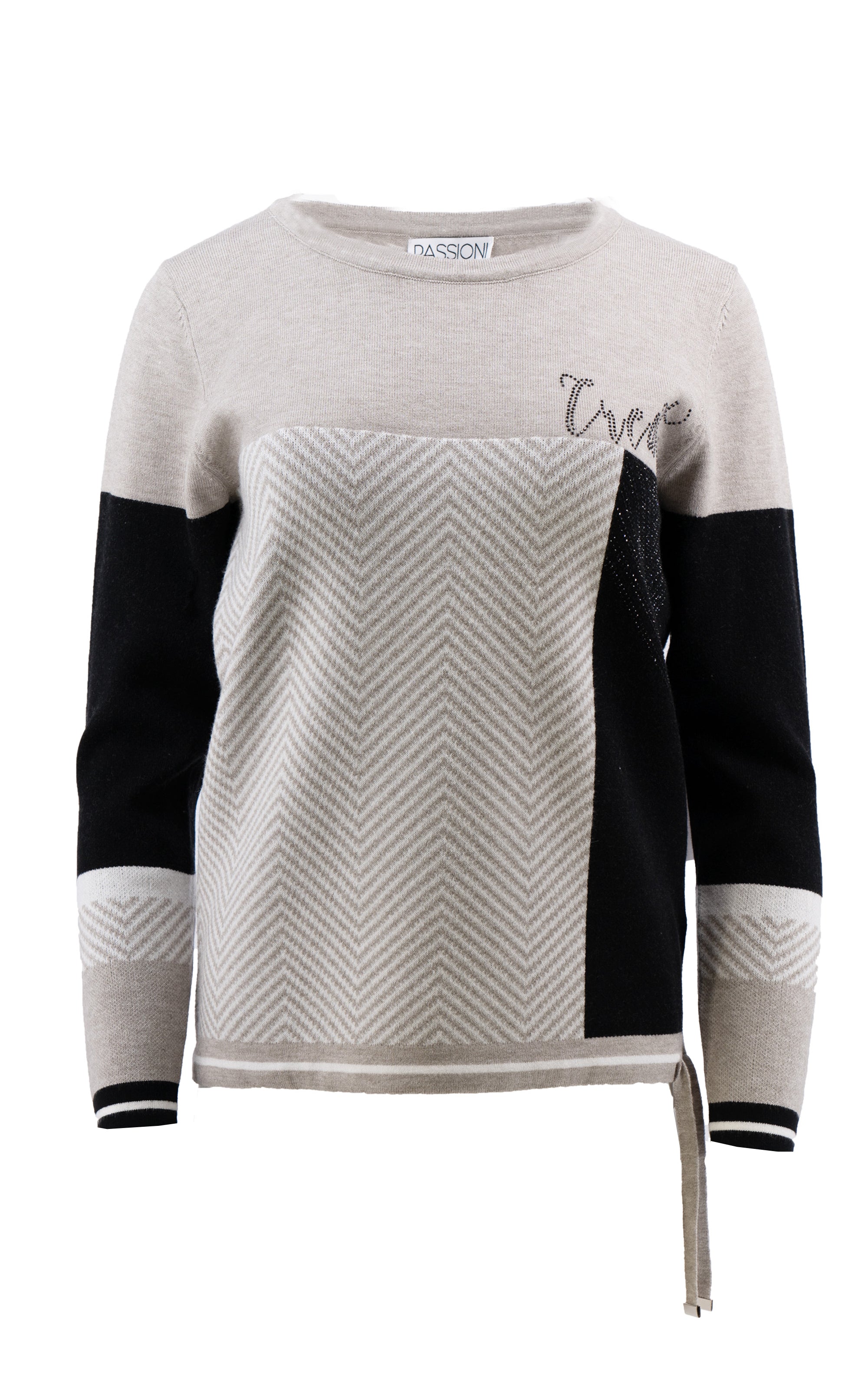 Pullover mit Fischgrätenmuster und Strassdetails