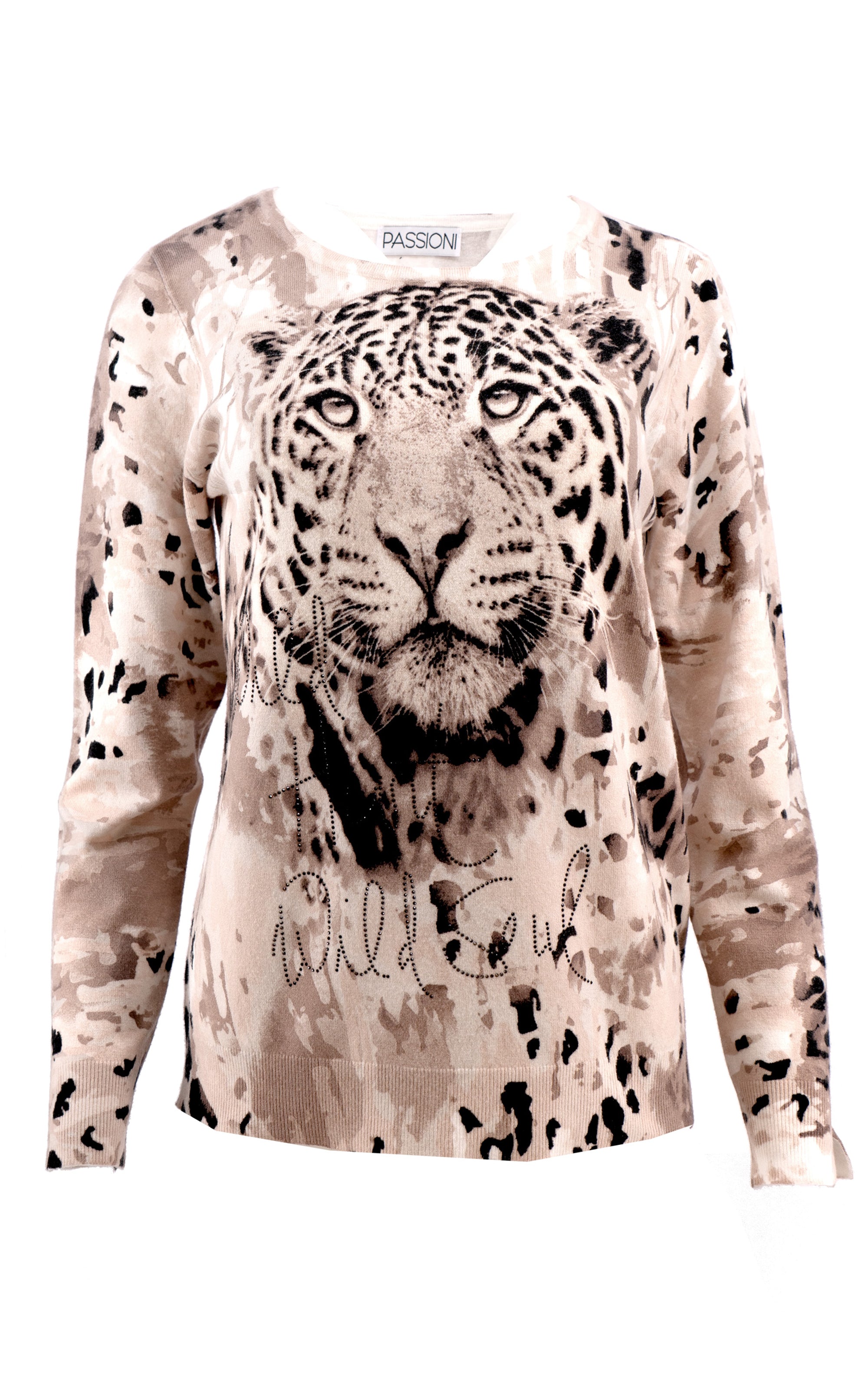 Strickpullover mit Leopardenkopf-Print und Strassdetails
