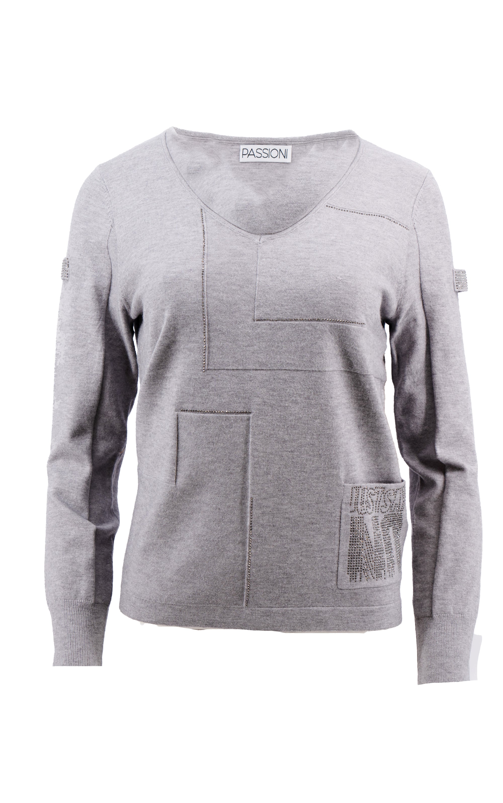 Strickpullover mit Vordertasche und Strassdetails