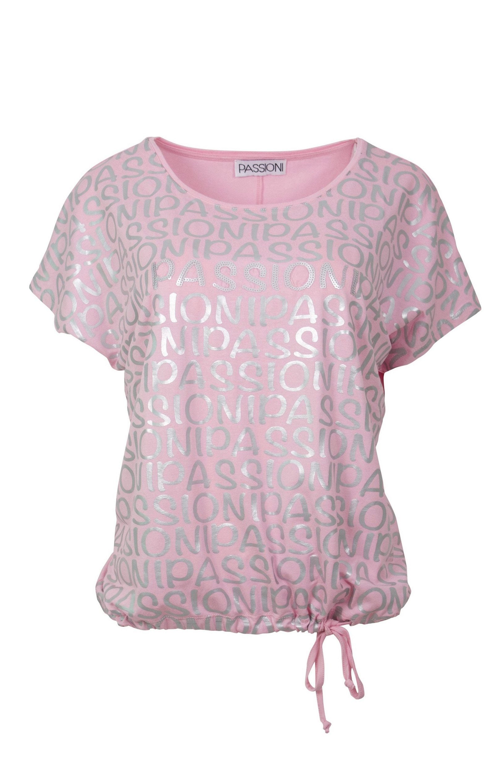 T-Shirt in Rosa, mit silbernen Markenlabel-Schriftzügen und Glitzersteinen
