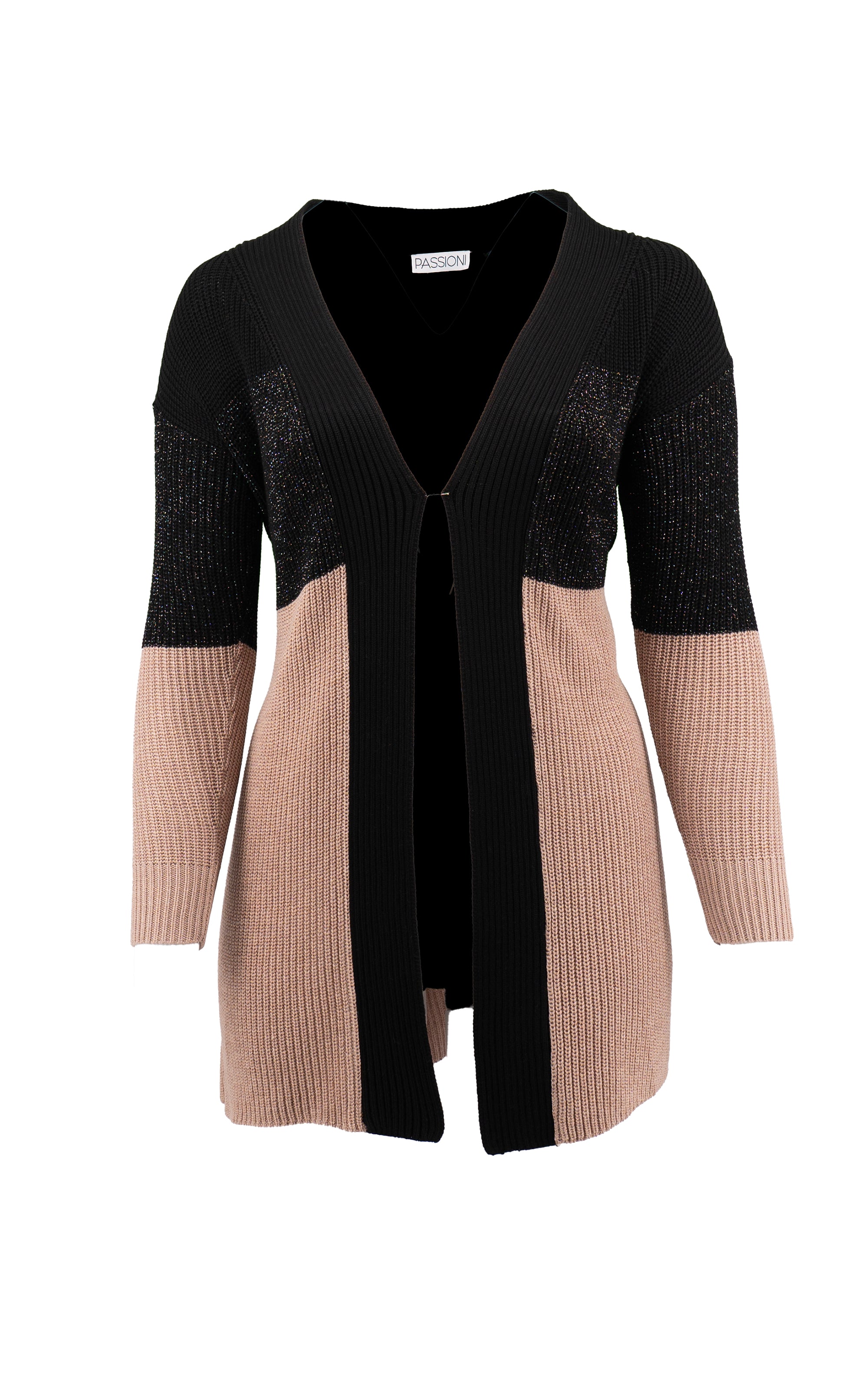 Cardigan in Schwarz, Glitzergarn und Kamelfarbblock