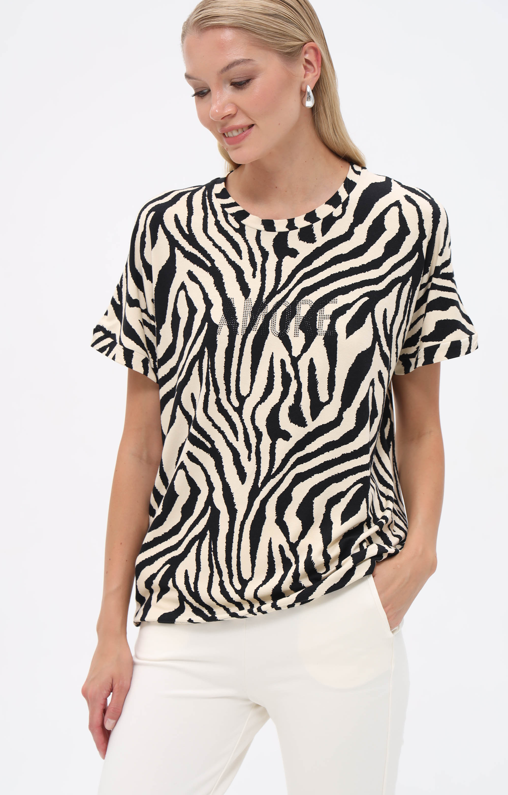 T-Shirt mit Zebra-Print und Strasssteinen