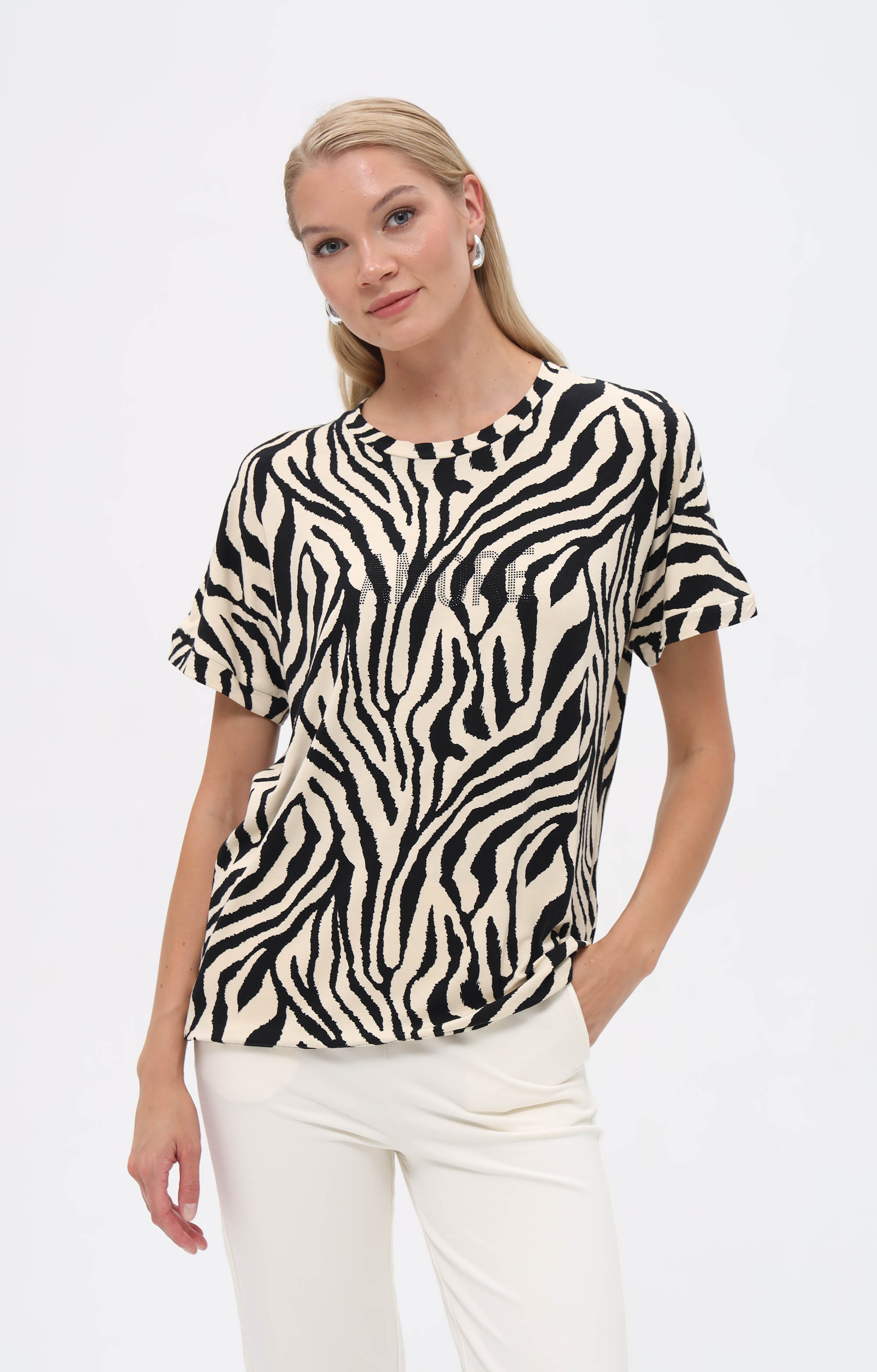 T-Shirt mit Zebra-Print und Strasssteinen