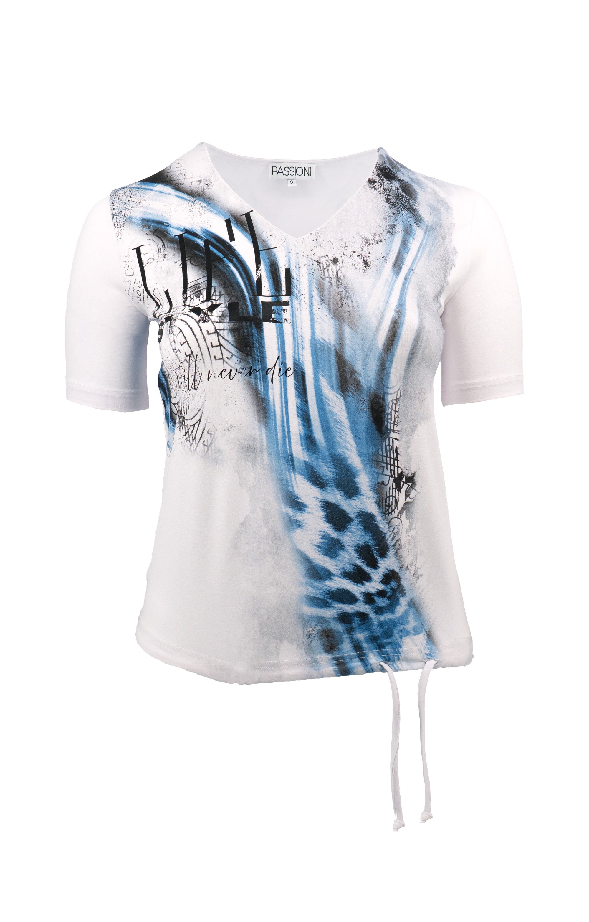 T-Shirt in klassischem Weiß mit einem schwarz-blauen abstrakten Animal- und Text-Print
