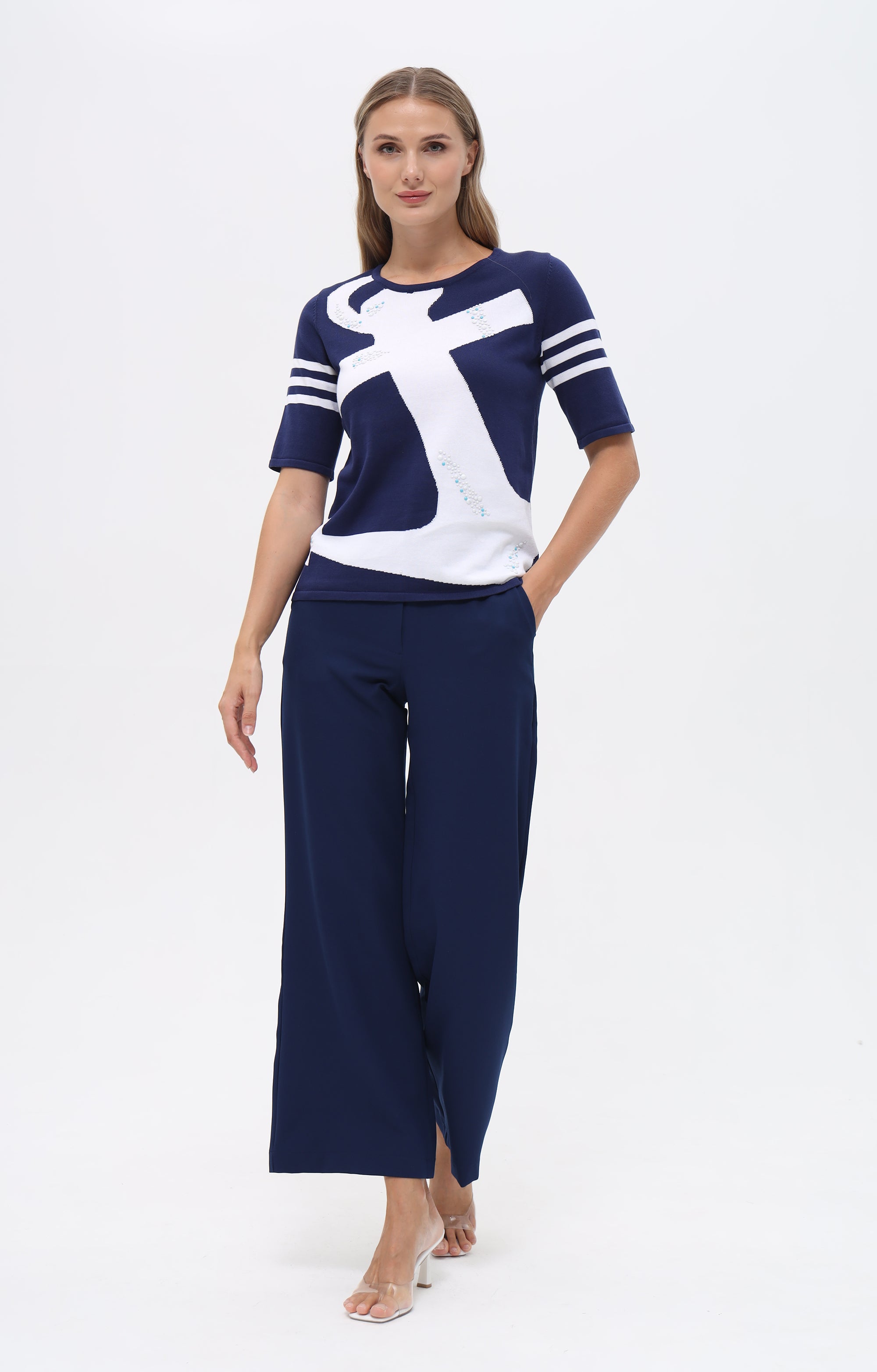 T-Shirt mit Ankermotiv und Perlendetails