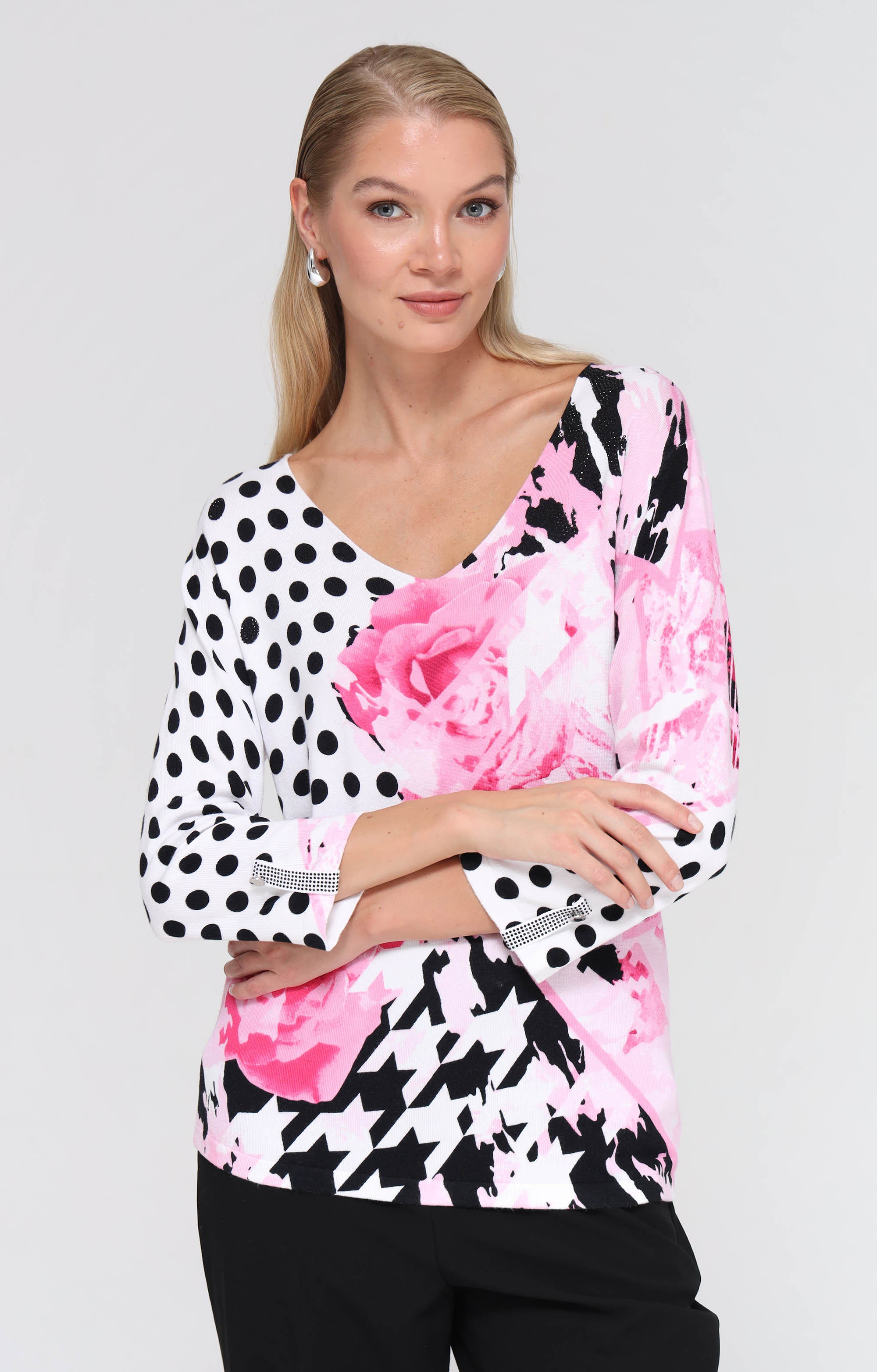 Pullover mit floralem Punkte-Print und Strassdetails
