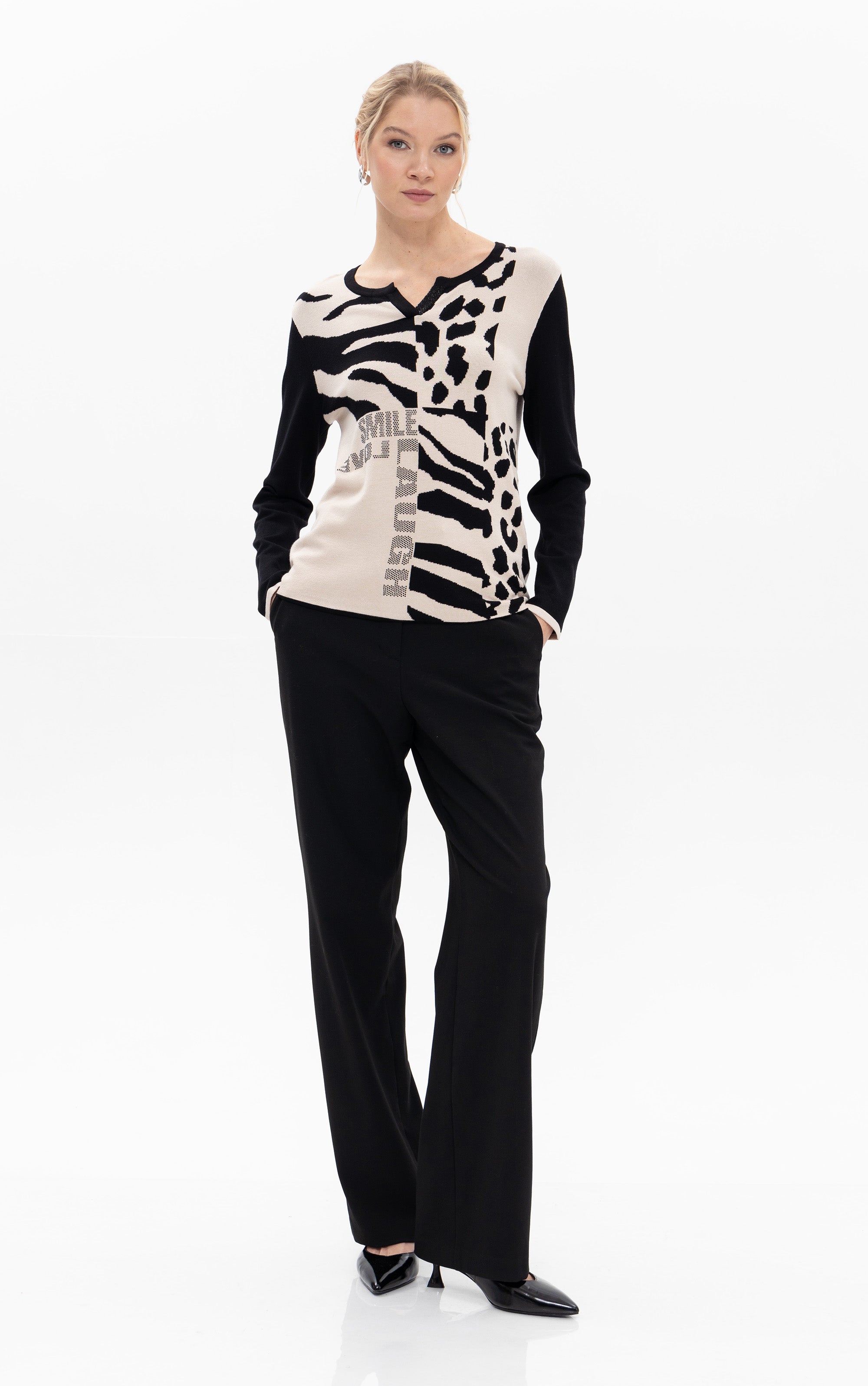 Strickpullover mit Animalprint-Mix