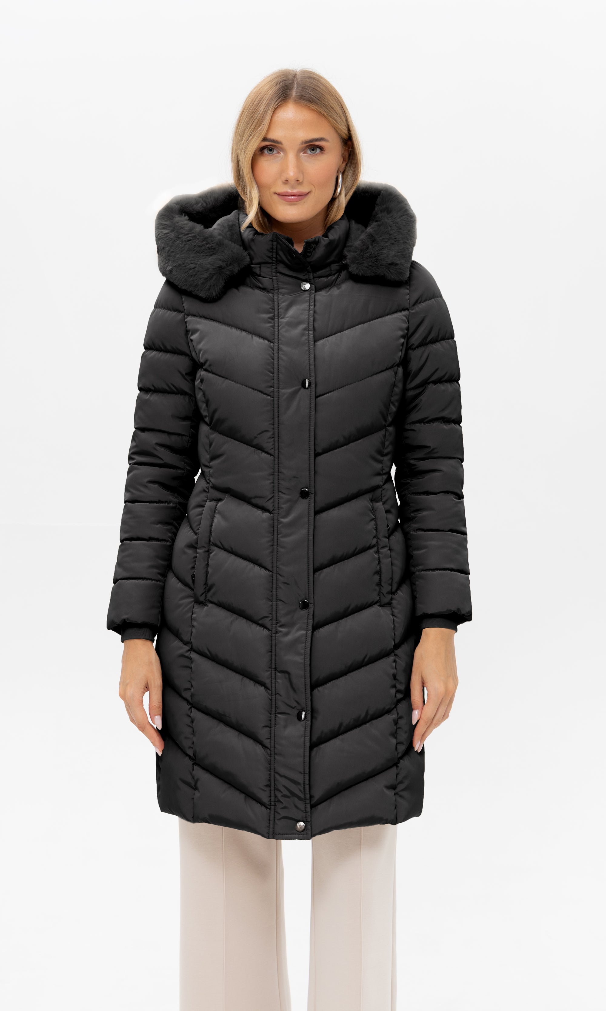 Lange Steppjacke mit Kapuze