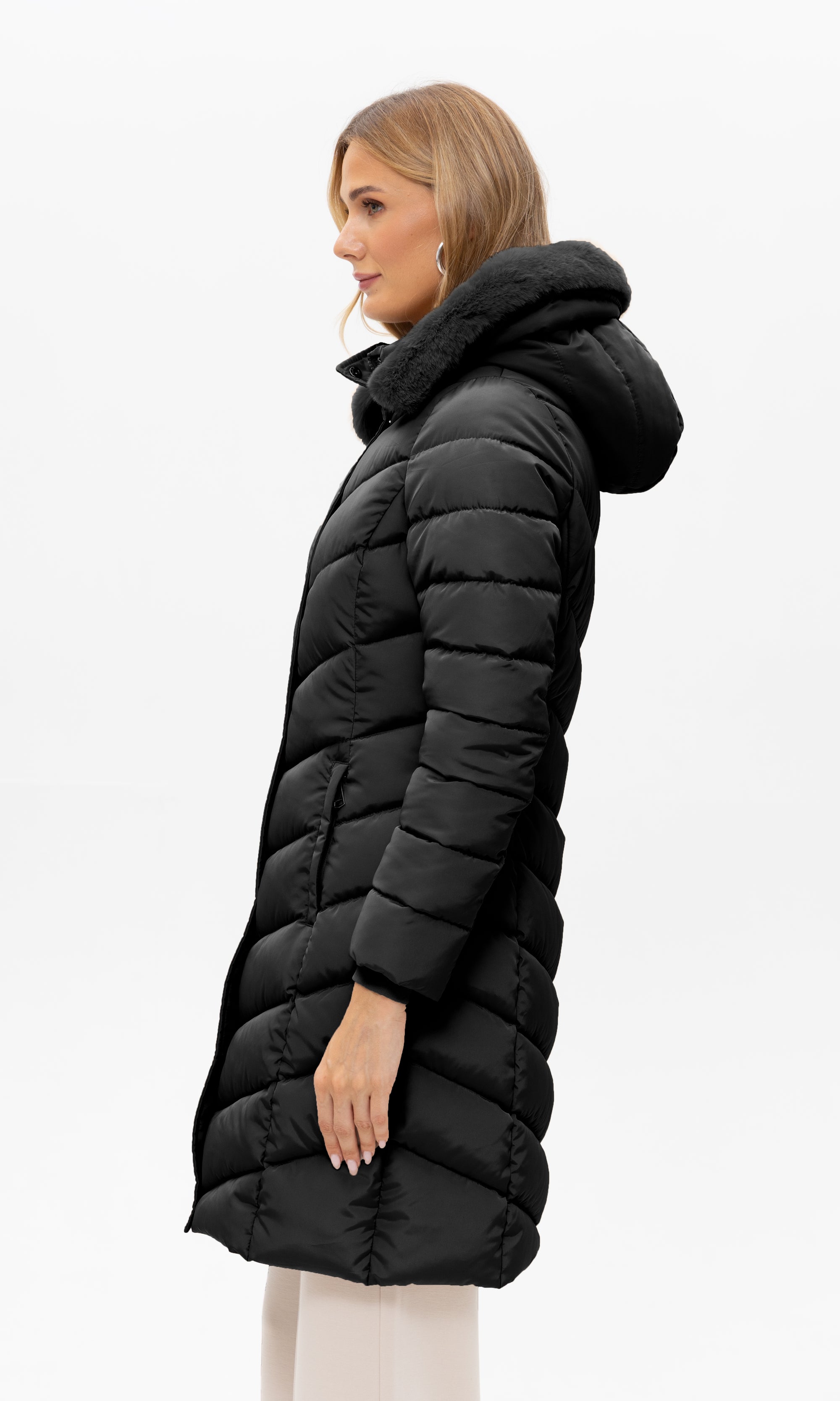 Lange Steppjacke mit Kapuze