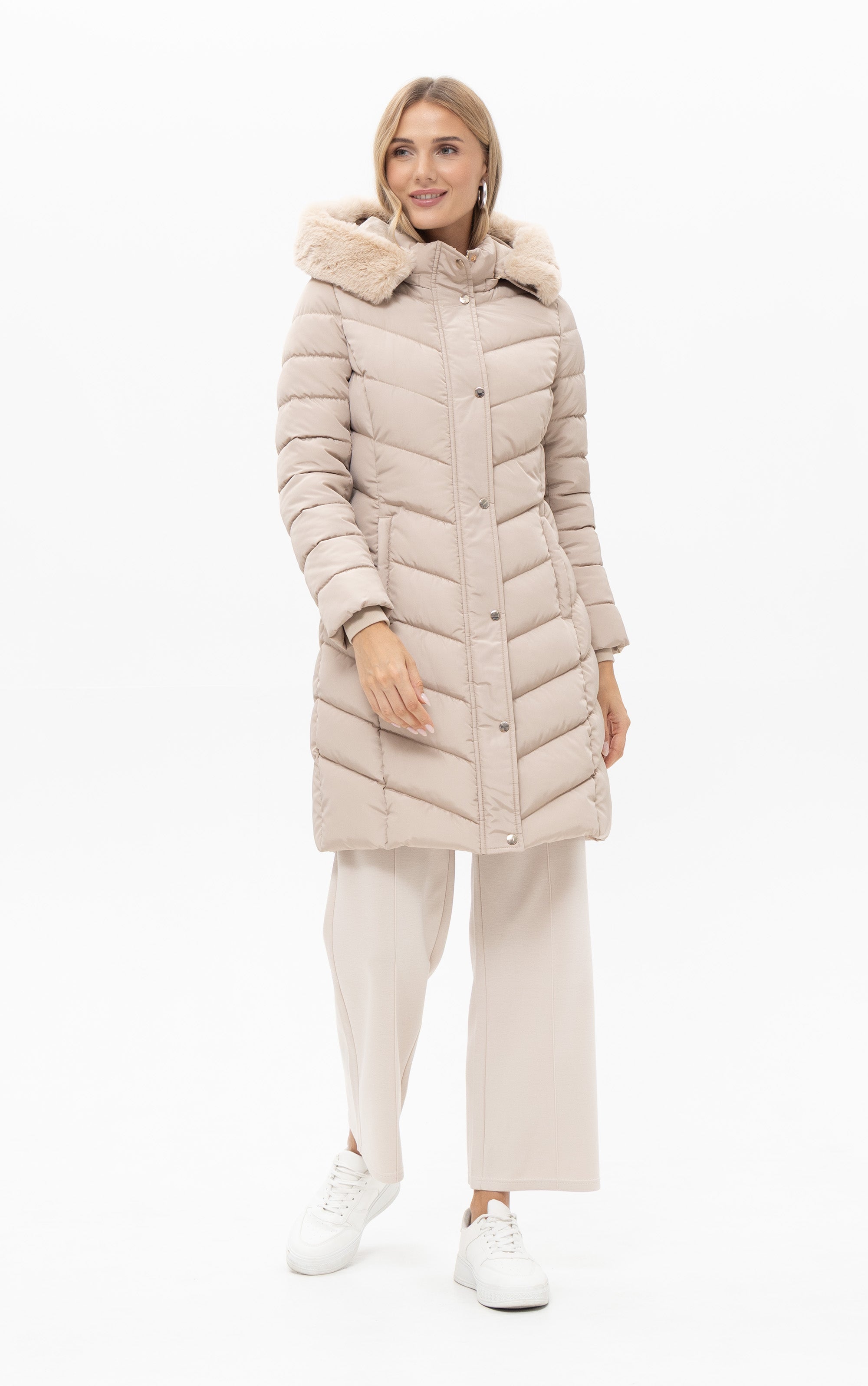 Lange Steppjacke mit Kapuze