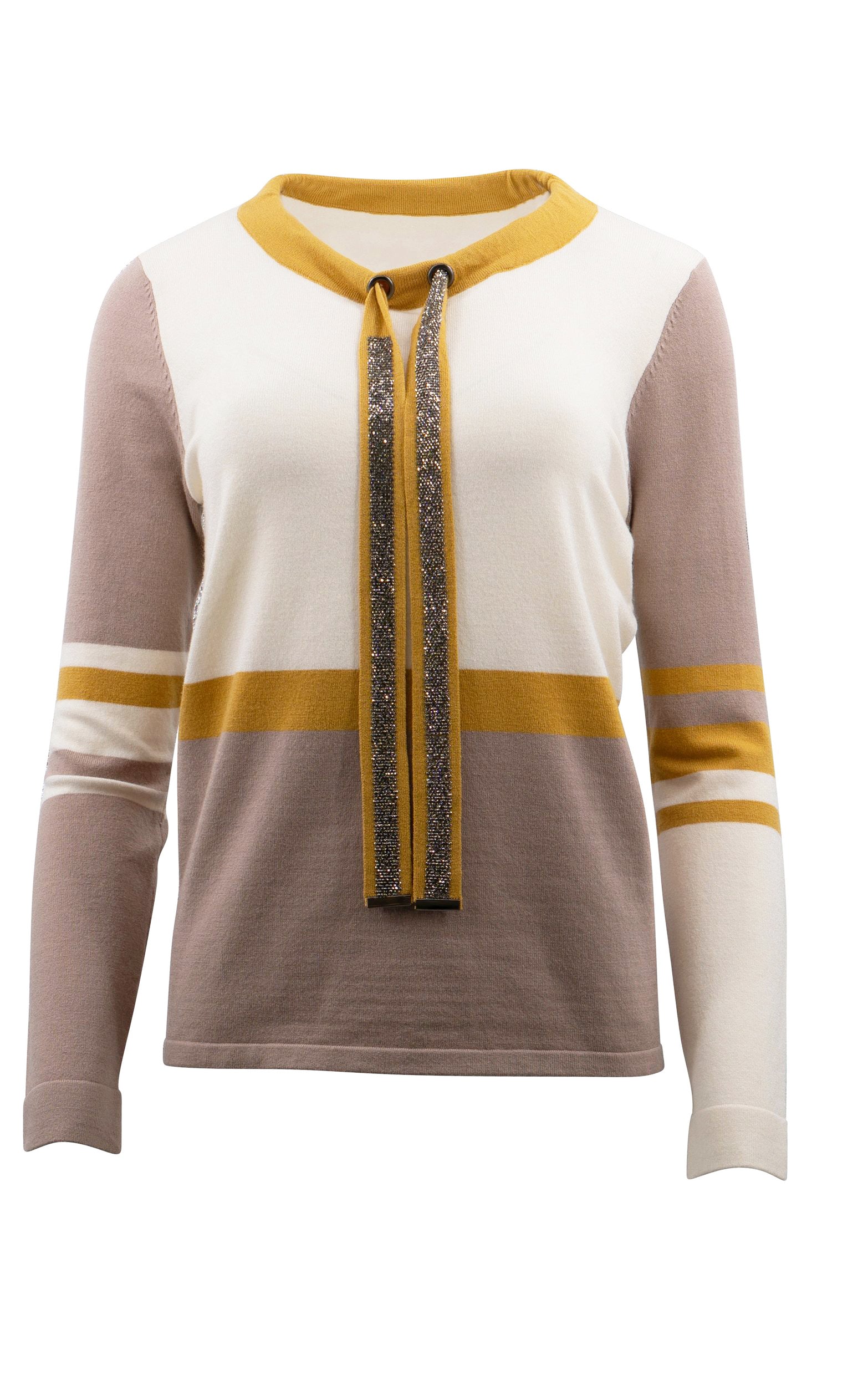 Strickpullover in Beige und Ecru mit currygelben Details