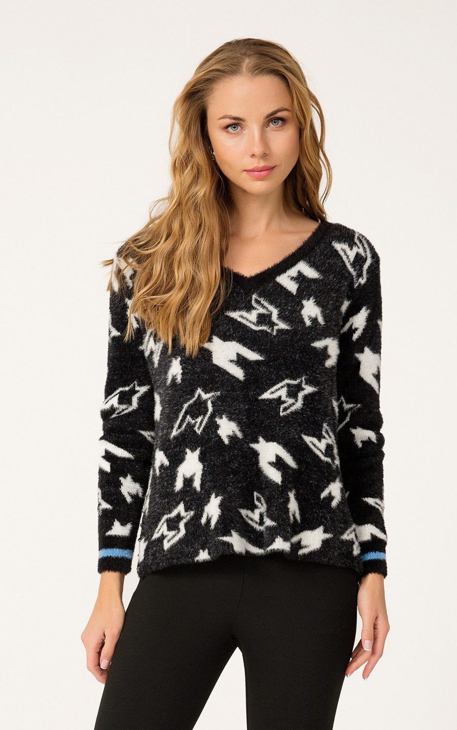 Strickpullover mit V-Ausschnitt und Hahnentrittmuster