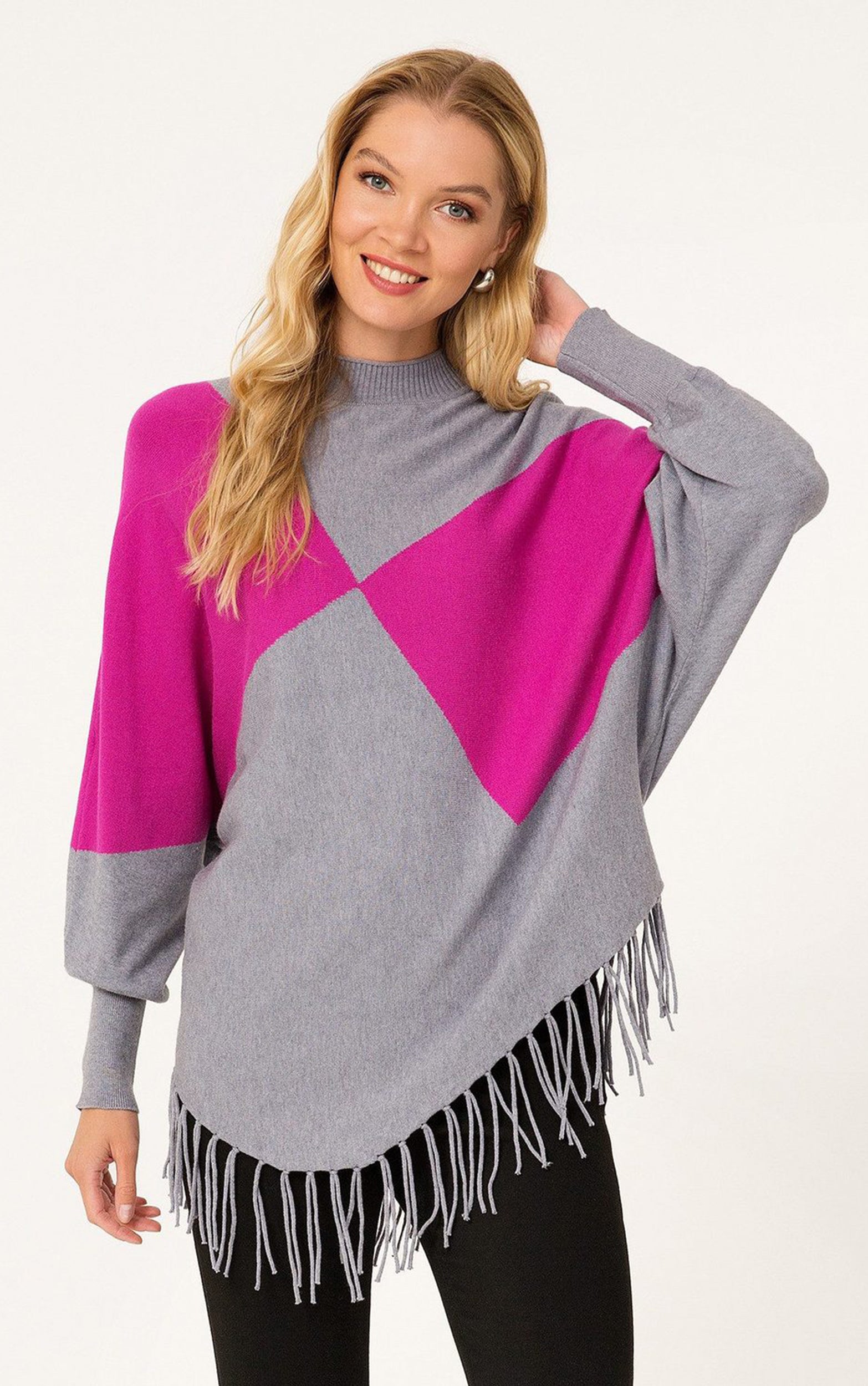 Strickpullover mit rosa Farbblock und Fransen