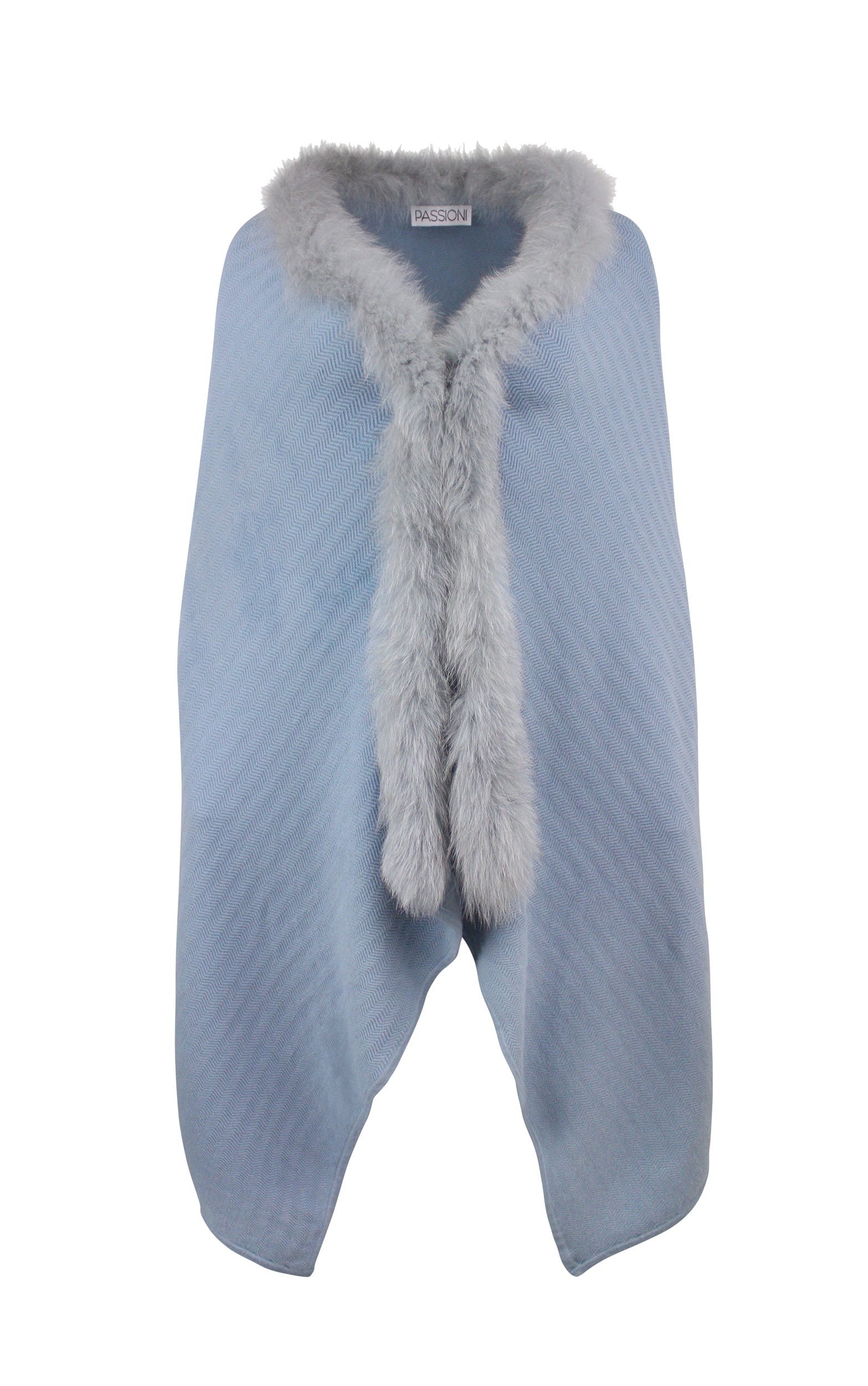 Feiner Strickponcho mit Fischgrätenmuster in Eisblau mit luxuriösem Pelzbesatz