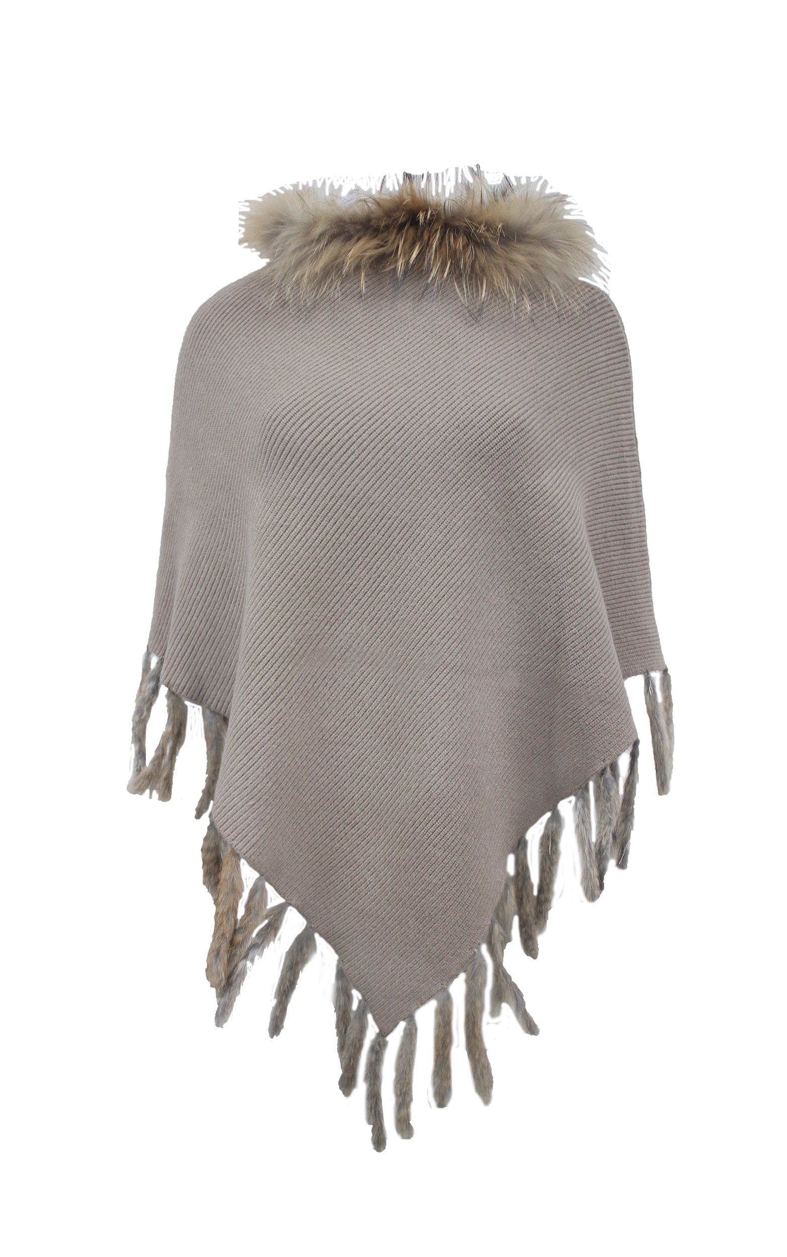 Rippstrick-Poncho mit Pelzbesatz