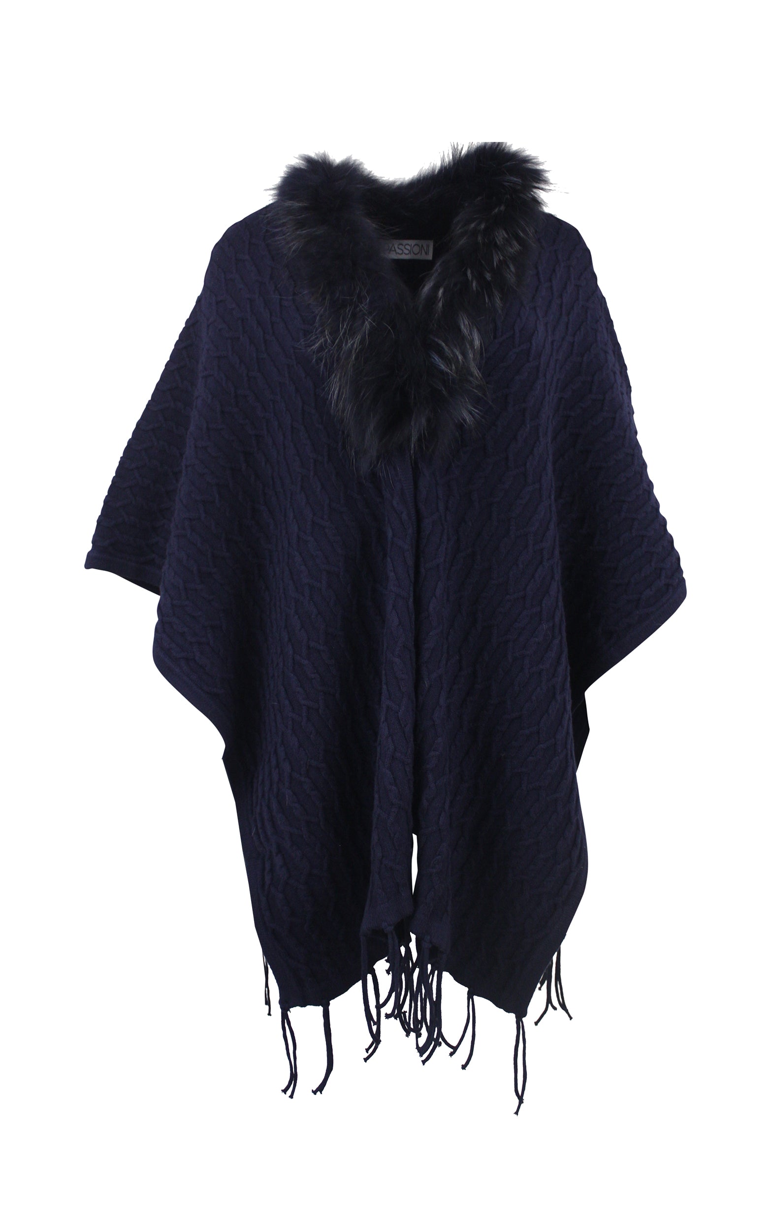 Strickponcho mit Fransen und Pelzbesatz