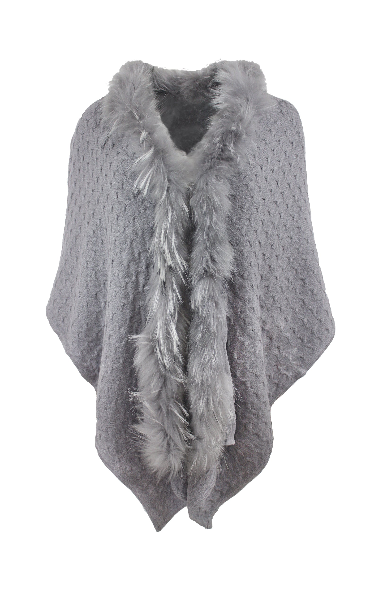 Langer Strickponcho mit Pelzbesatz