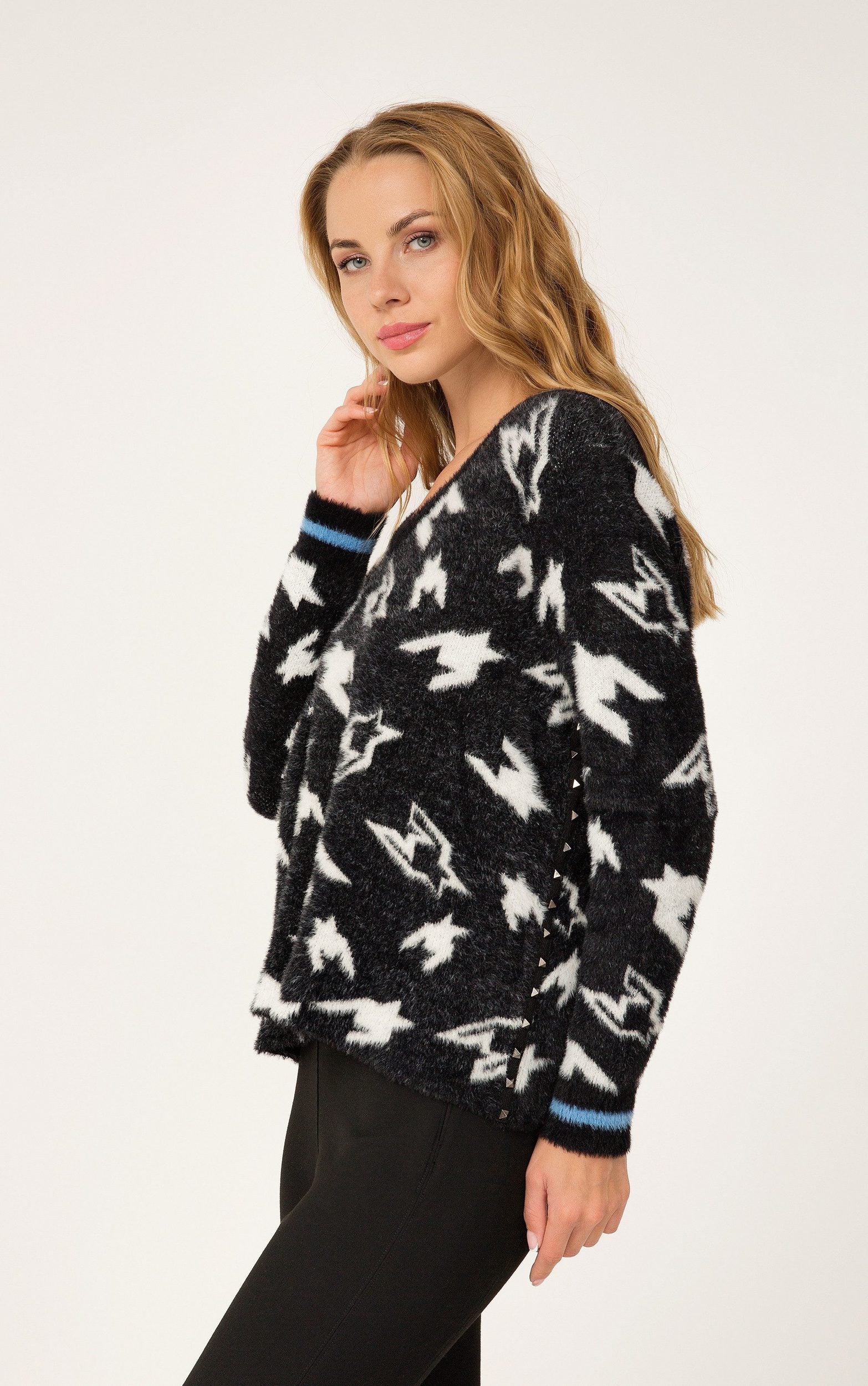 Strickpullover mit V-Ausschnitt und Hahnentrittmuster