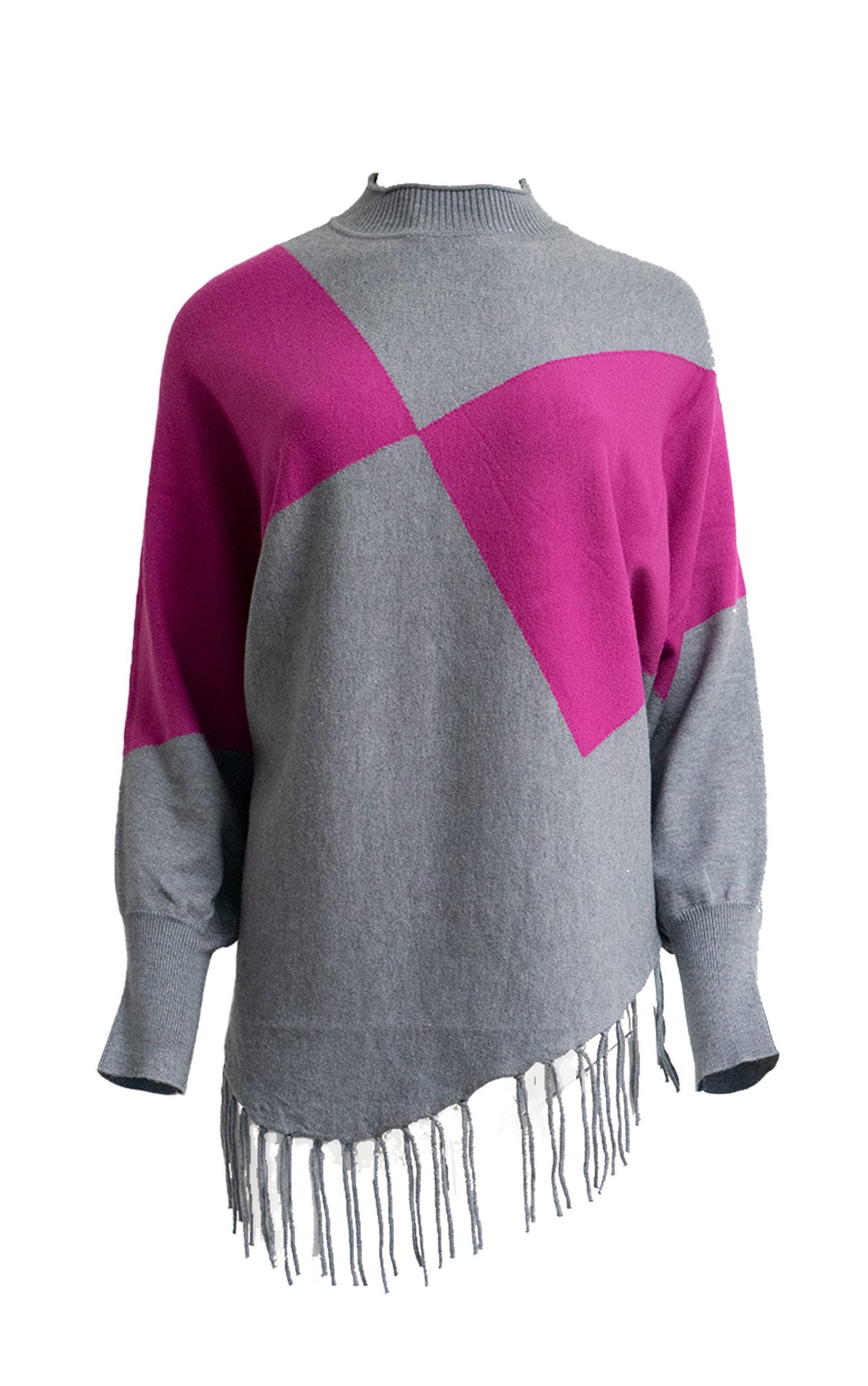 Strickpullover mit rosa Farbblock und Fransen