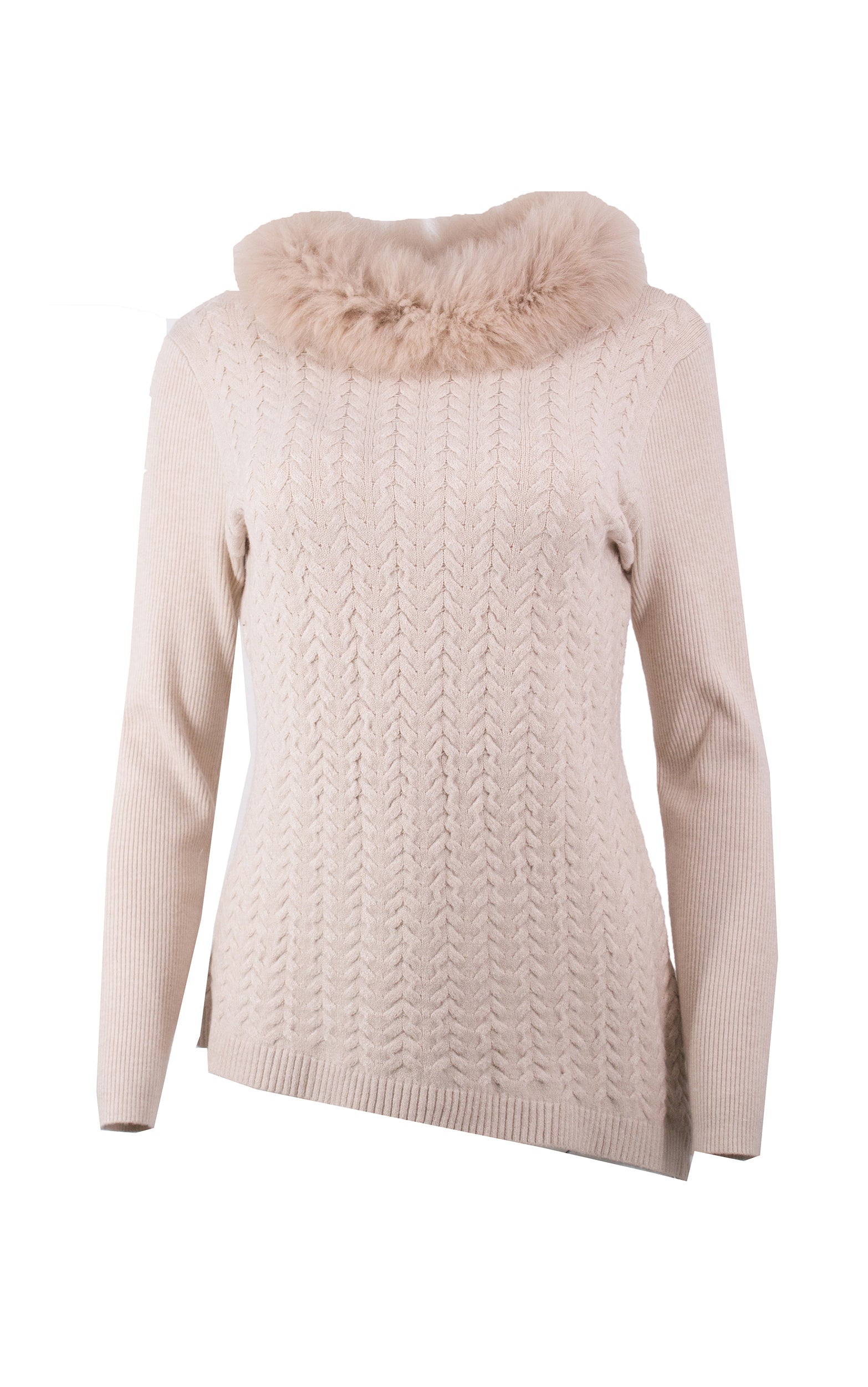 Pullover in Beige mit abnehmbarem Pelzkragen und asymmetrischem Saum