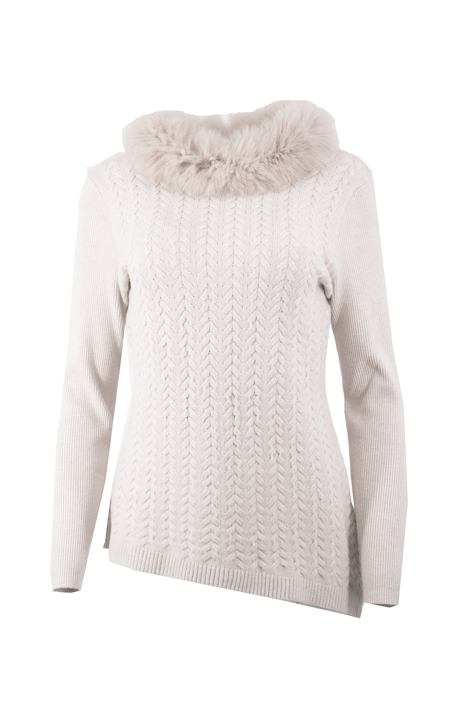 Pullover in Beige mit abnehmbarem Pelzkragen und asymmetrischem Saum