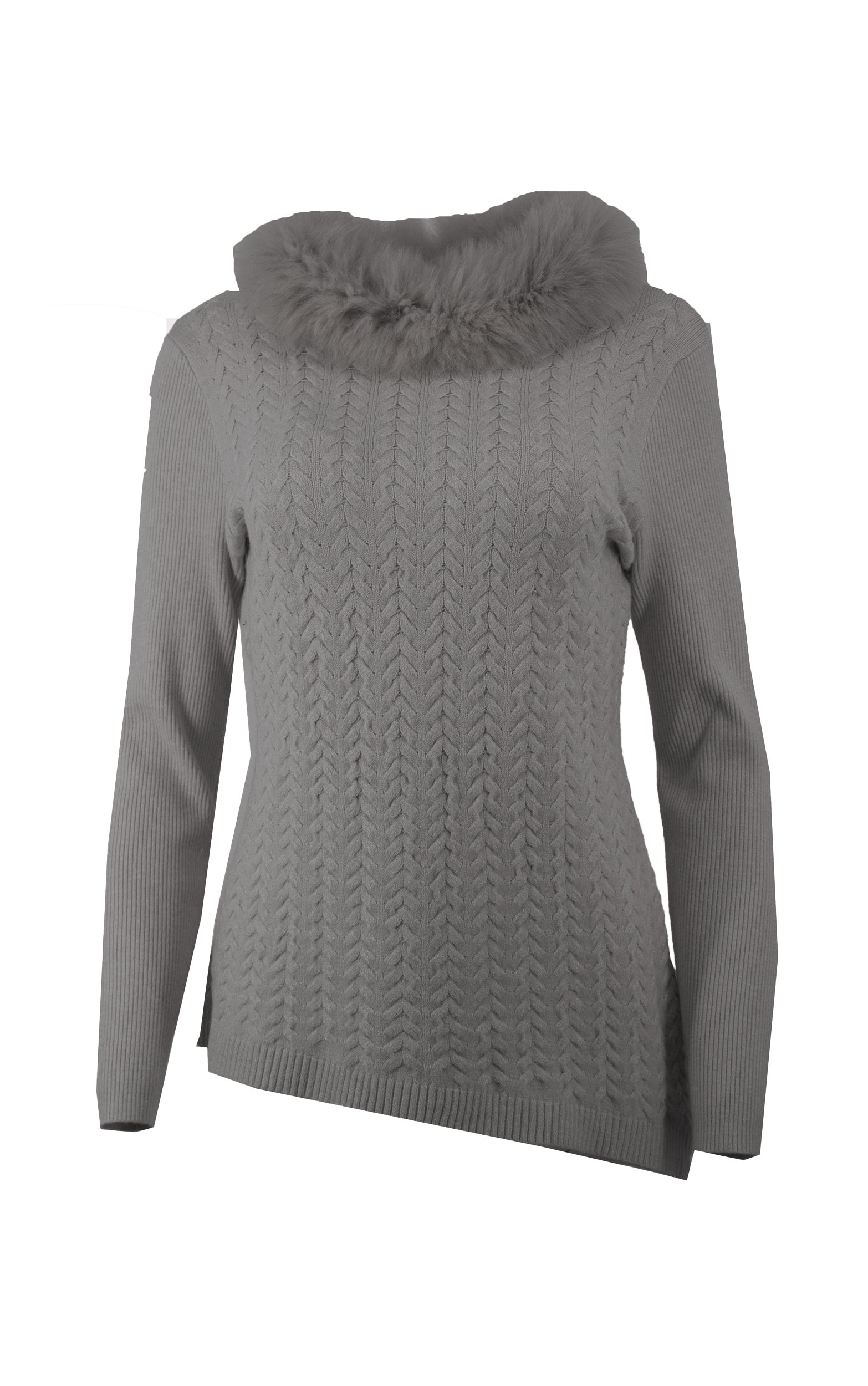 Pullover in Beige mit abnehmbarem Pelzkragen und asymmetrischem Saum