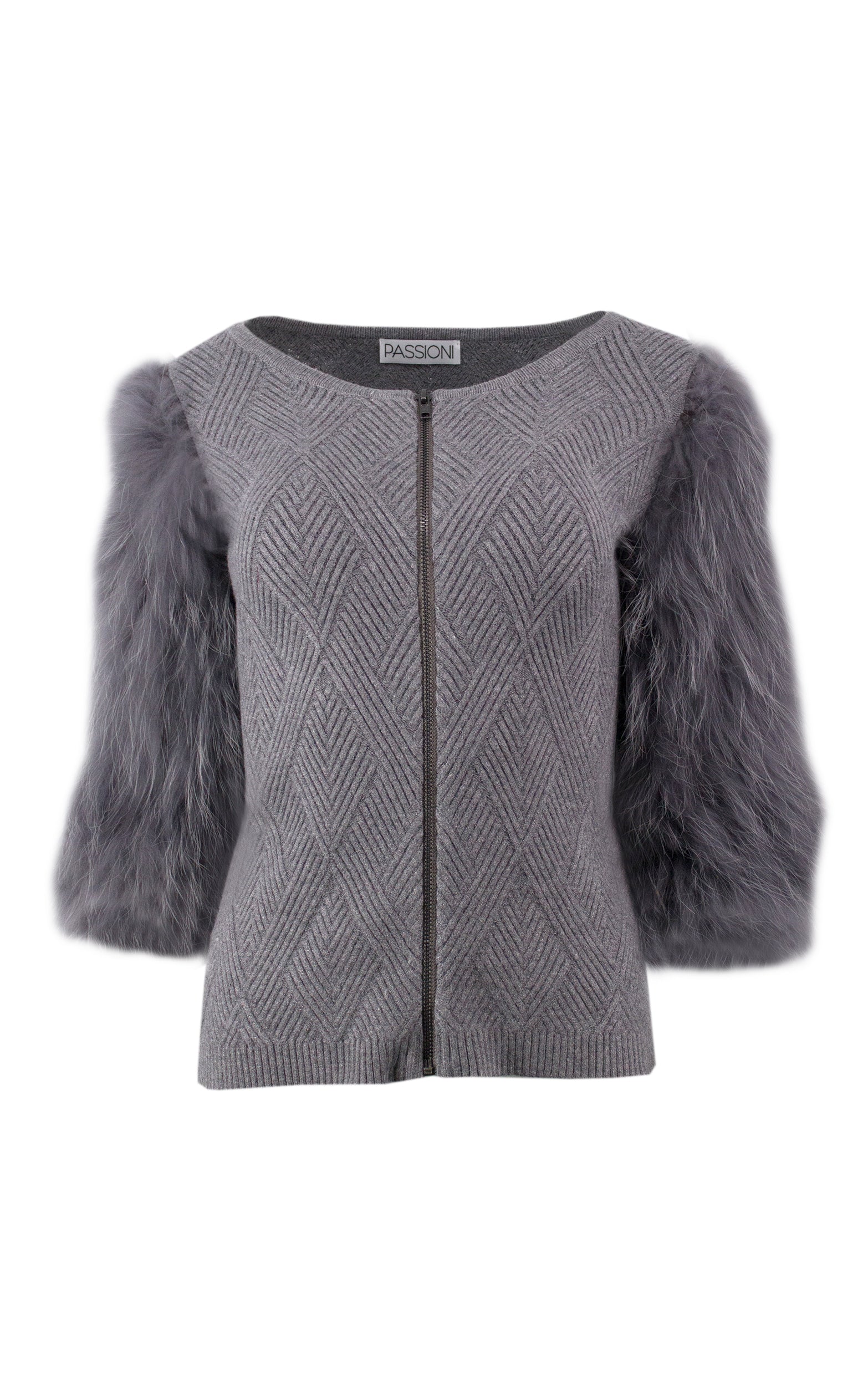 Cardigan in klassischem Grau mit luxuriösen Pelzärmeln