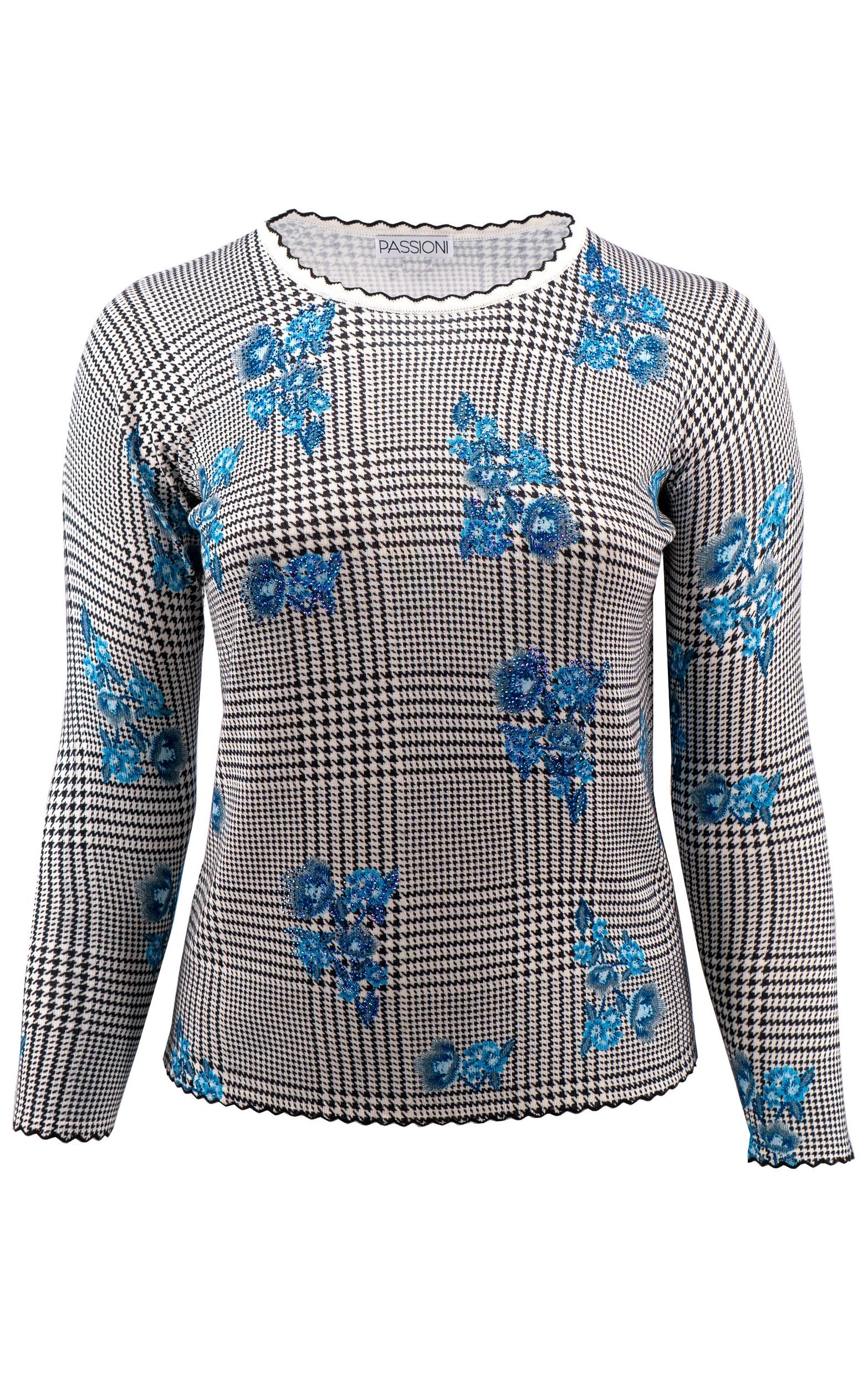 Strickpullover mit Karomuster und Blumendruck