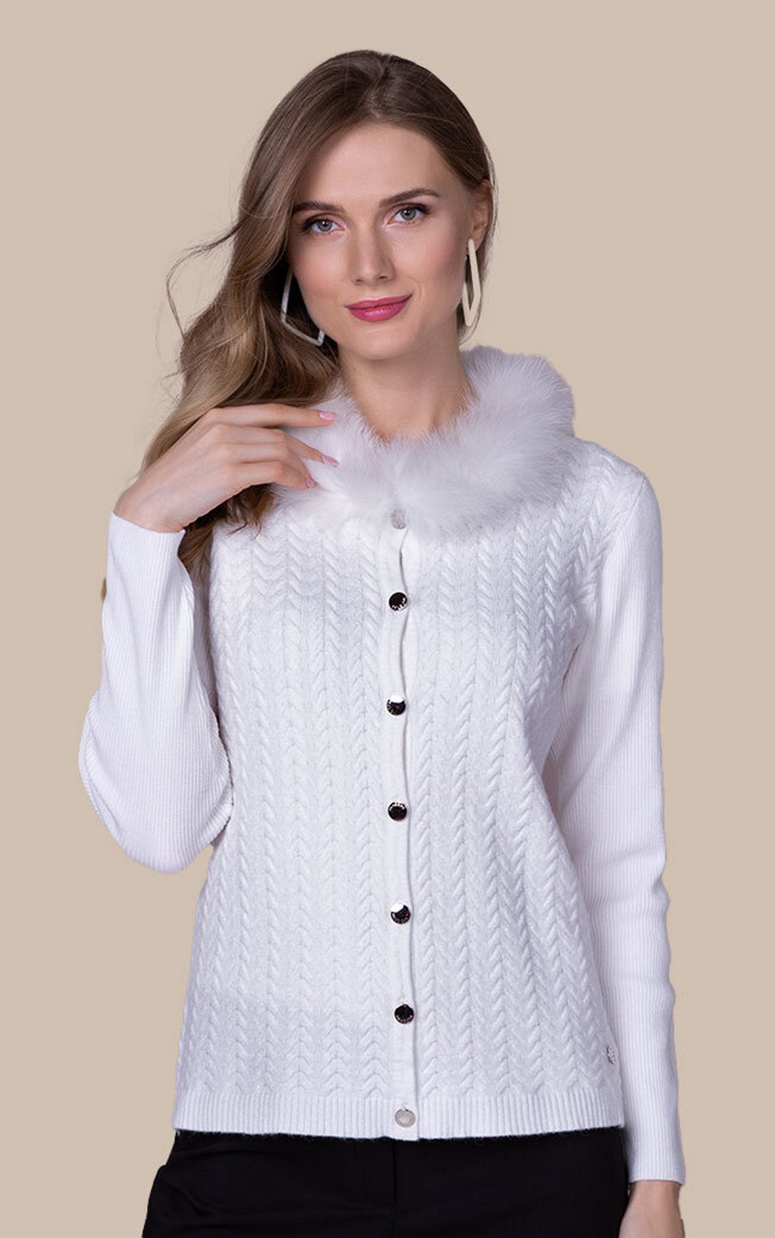 Twinset mit edlem Strickmuster und Kunstellbesatz