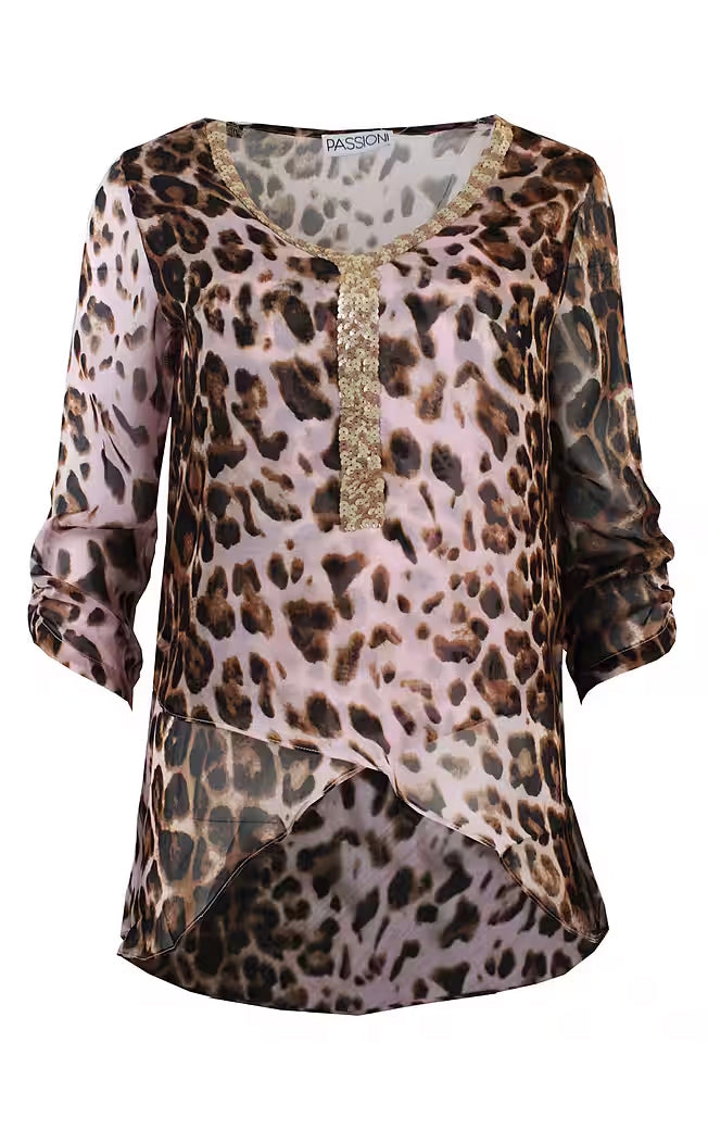 Chiffon-Tunika mit Leopardenmuster und Pailletten in Beige-Rosa