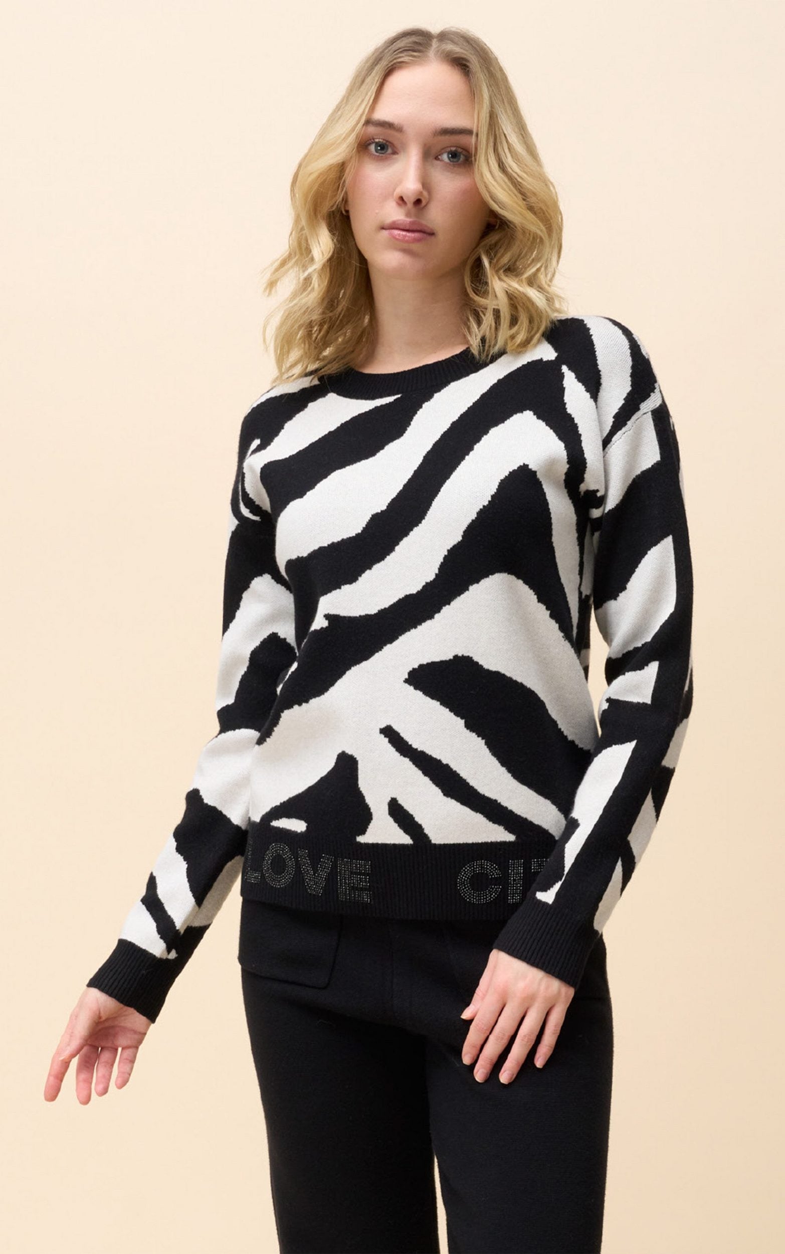 Strickpullover mit grafischem Zebramuster und Strassdetails