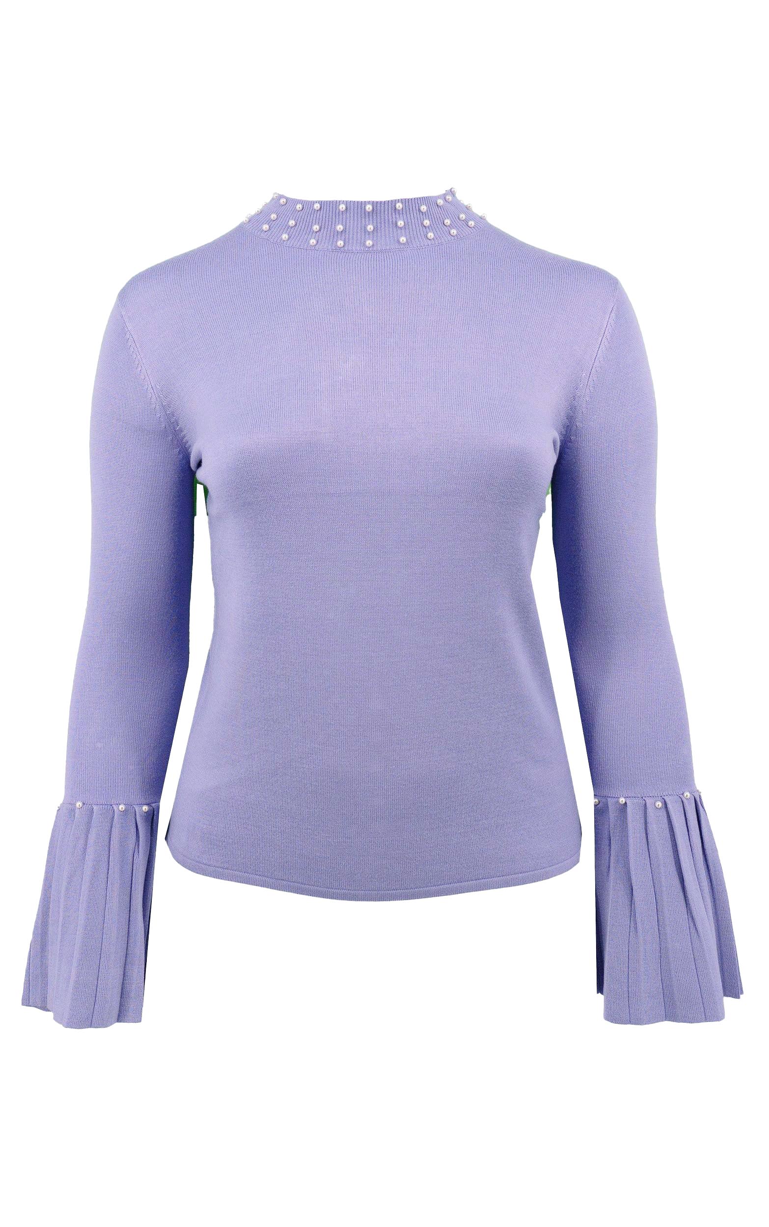 Strickpullover mit hohem Kragen, ausgestellten Ärmeln und Perlendetail