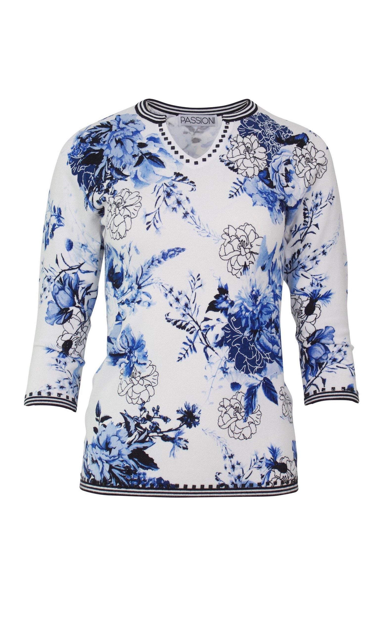 3/4-Arm-Pullover mit floralem Print und Streifen-Abschlussdetails