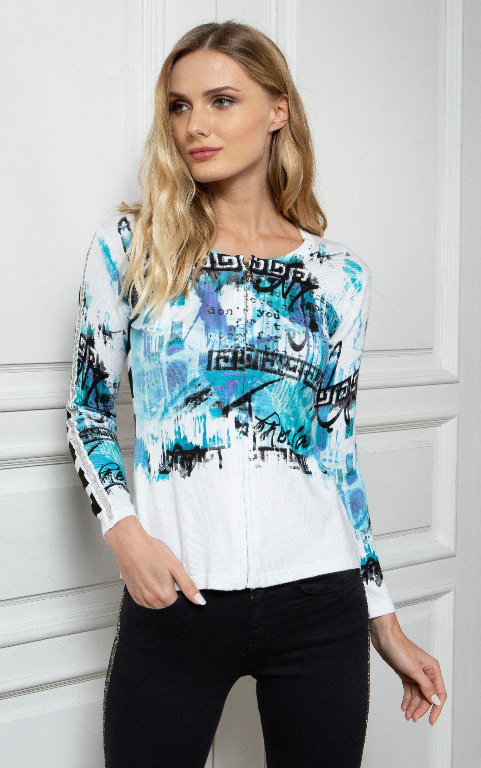 Strickjacke mit künstlerischem Print und Reißverschluss