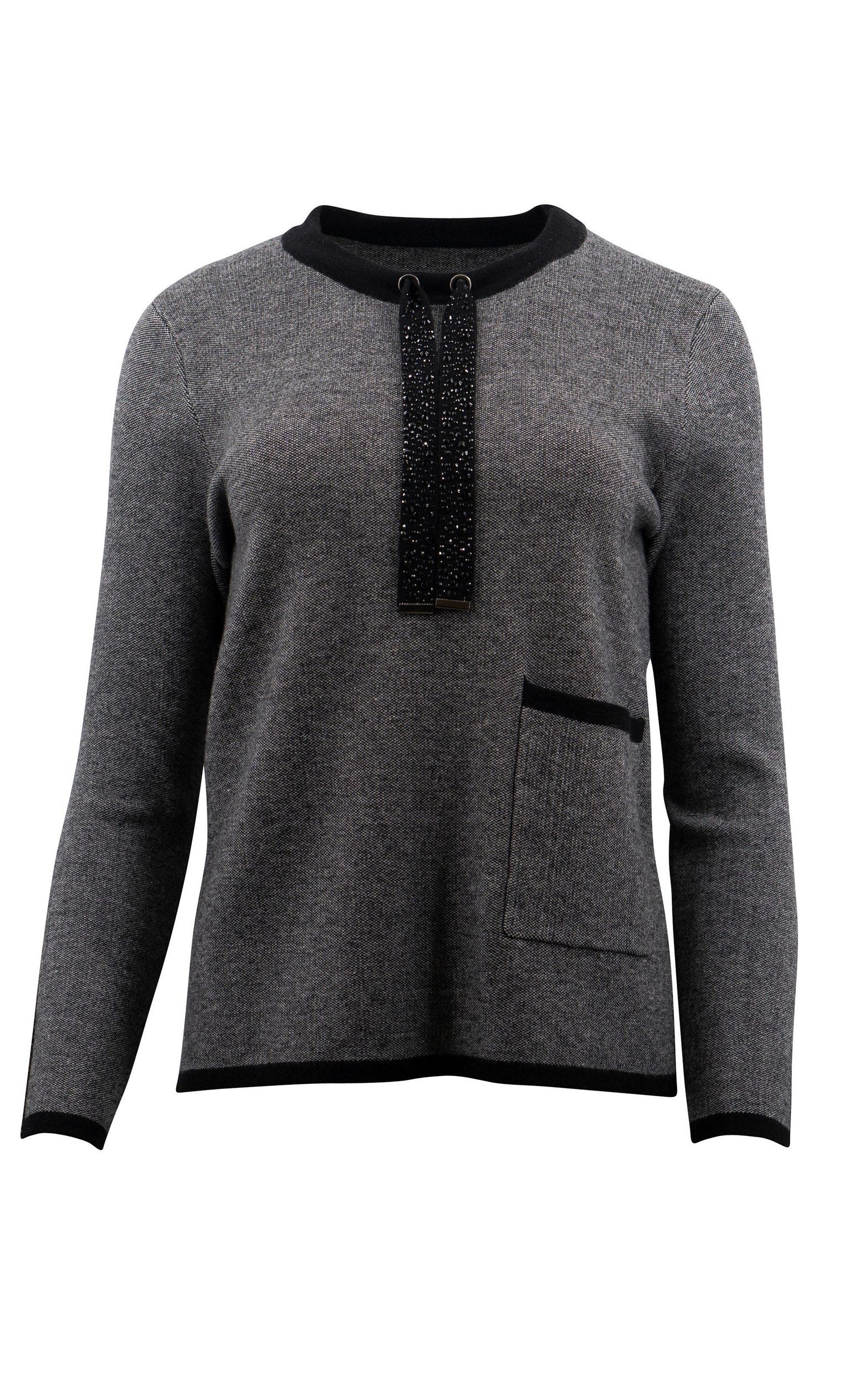 Strickpullover in Grau mit schwarzen Kanten und glitzernden Zugglaschen