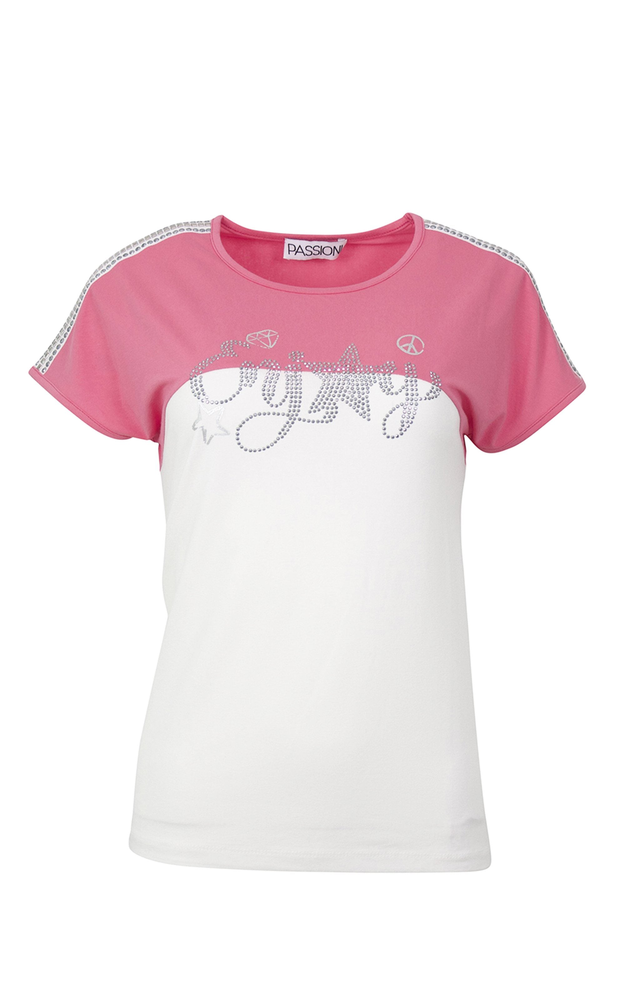 T-Shirt mit Glitzerschriftzug und Strassdetails