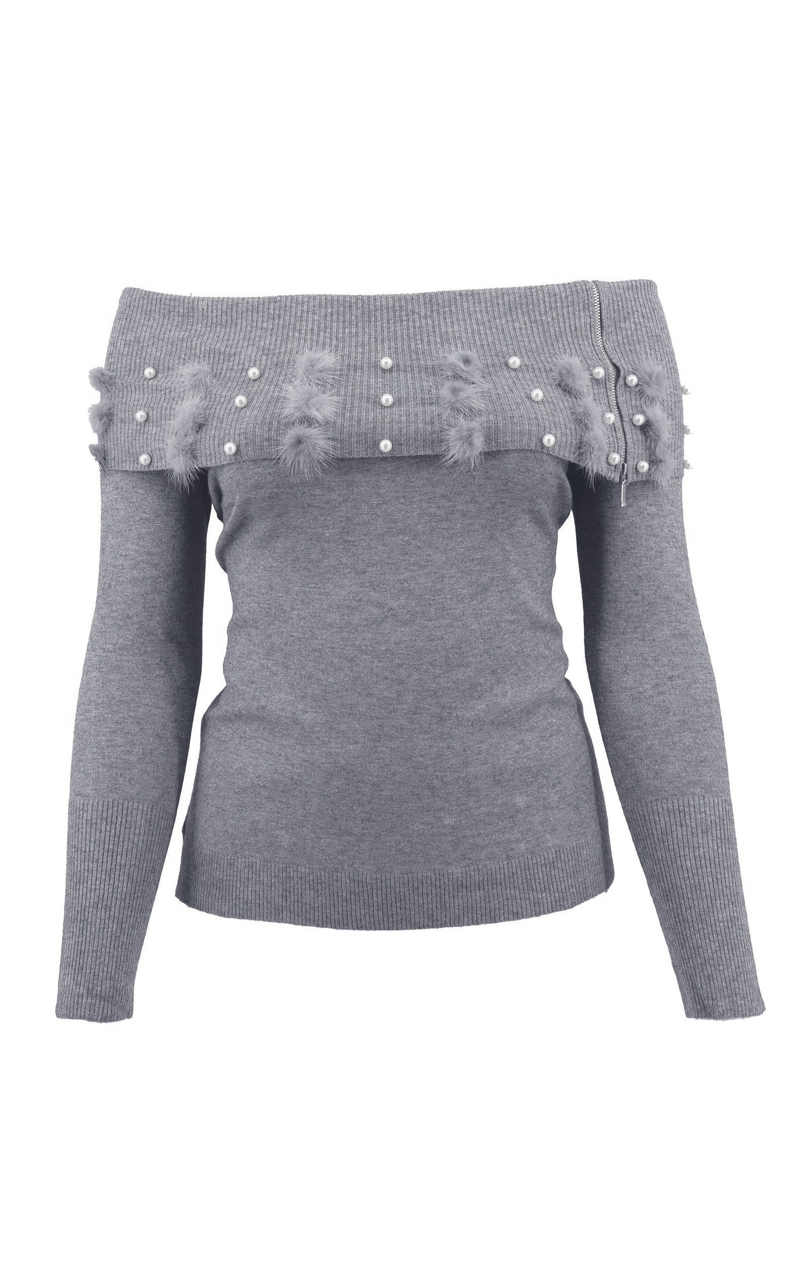 Strickpullover mit Carmen-Ausschnitt mit Bommel- und Perlendetail