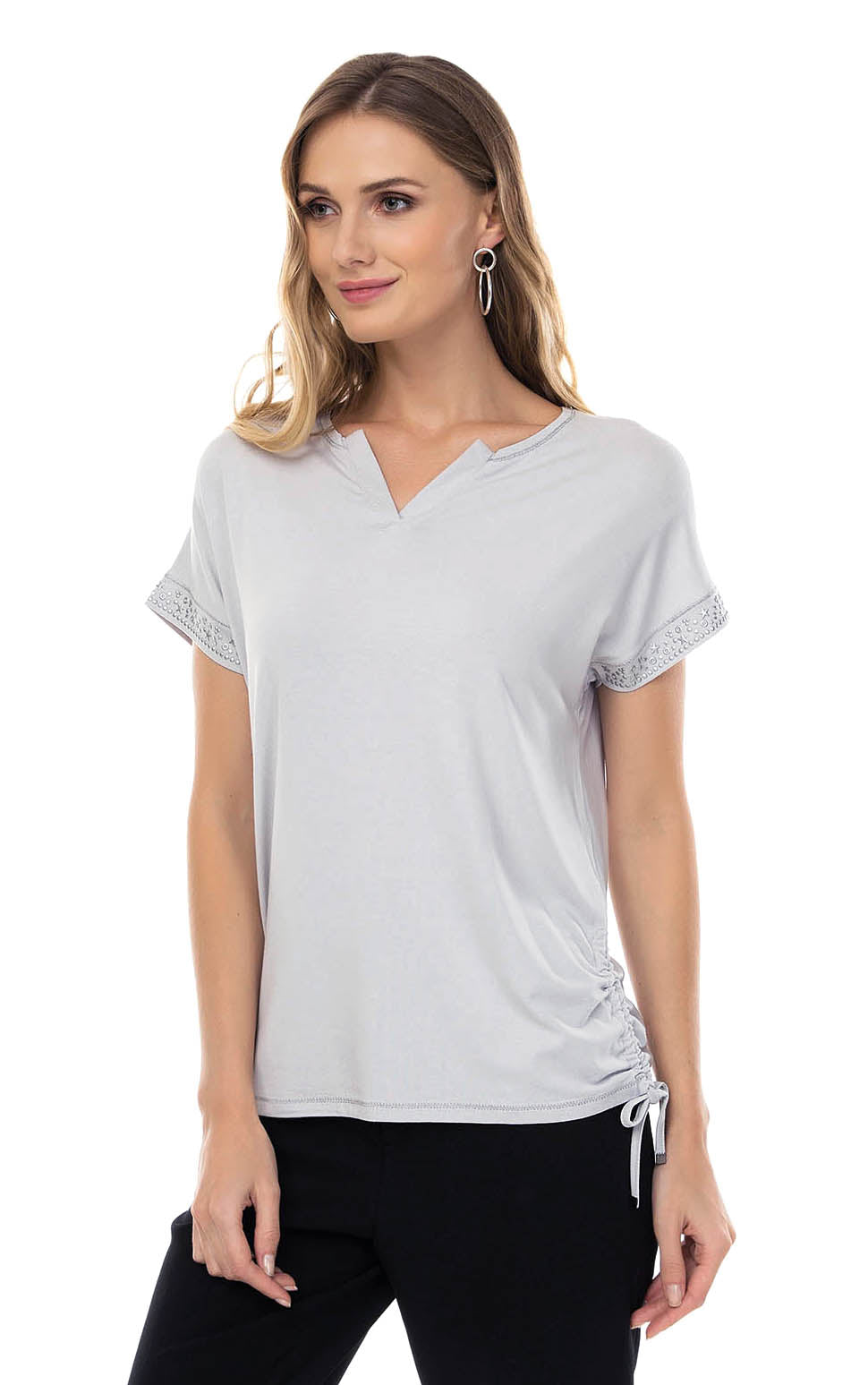 T-Shirt in Grau, mit Glitzerstein-Abschlussdetails und gerafften Schlitzen