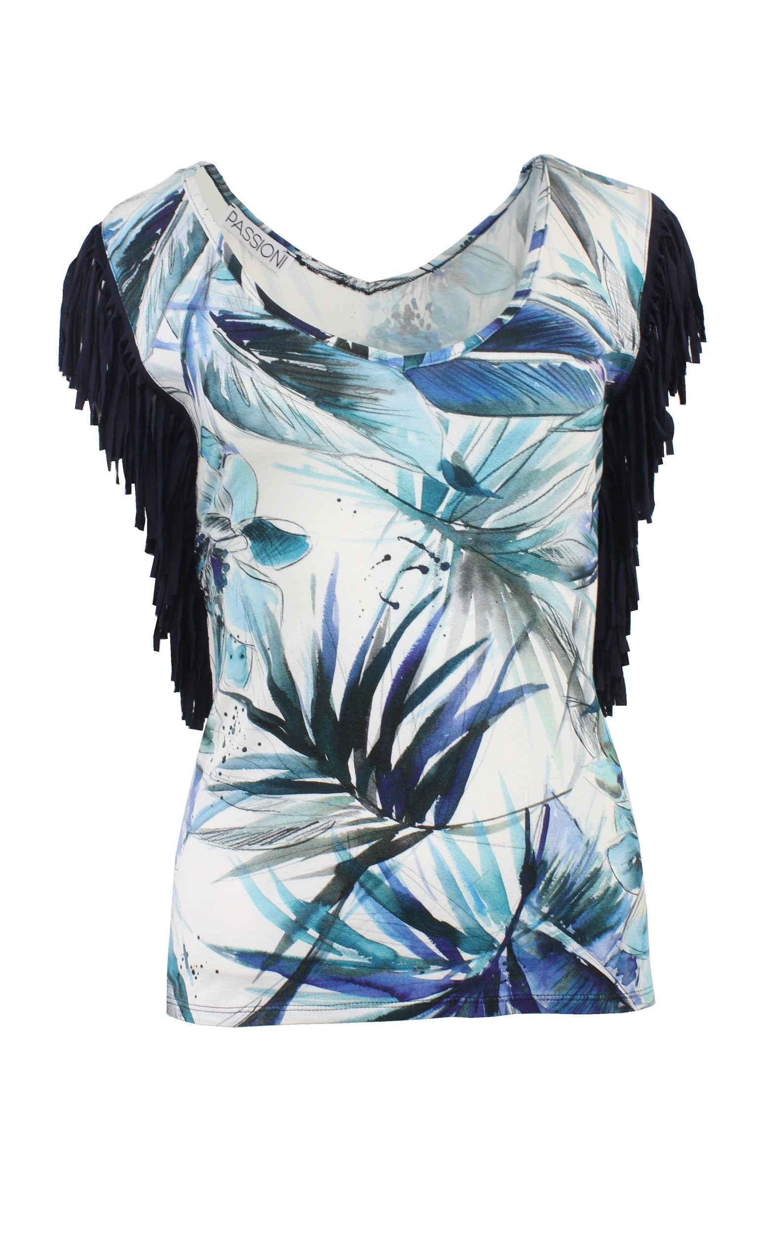 T-Shirt mit tropischem Blumenblattdruck und Fransen