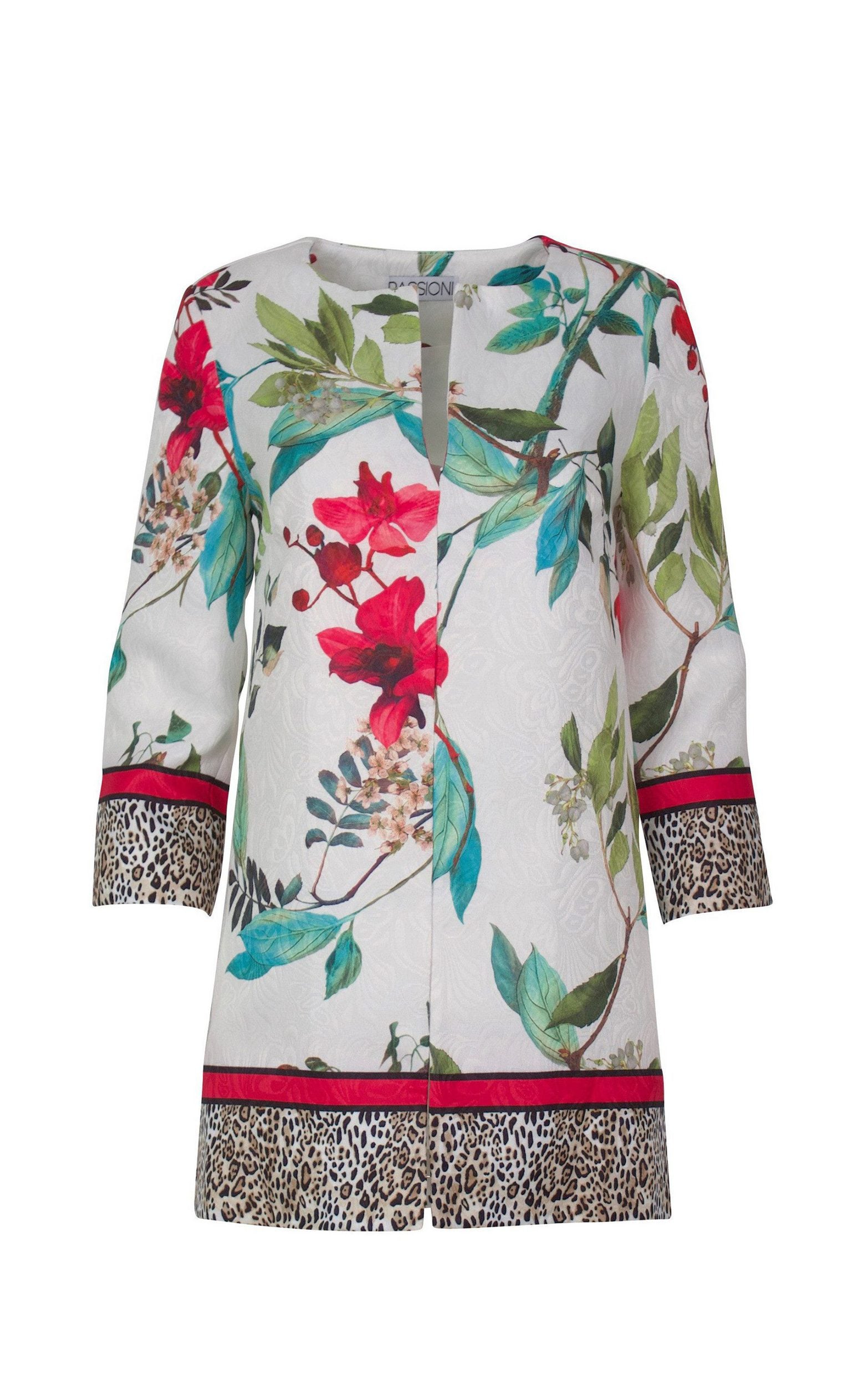 Strickjacke in Weiß, mit floralem Print und Leopardenmuster Abschlussdetails