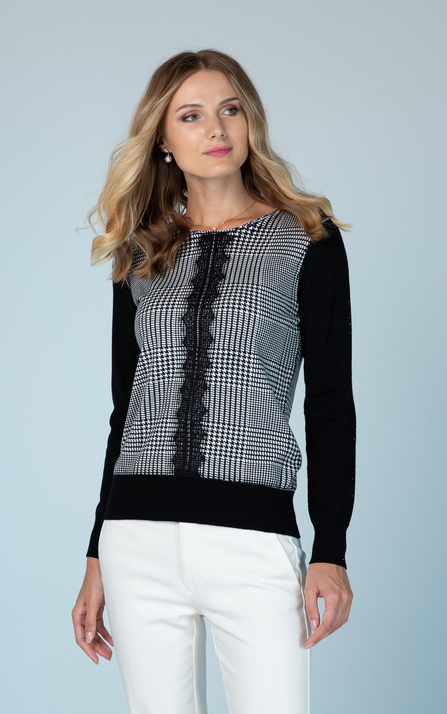 Strickpullover mit Hahnentrittmuster auf der Vorderseite mit Spitzendetail