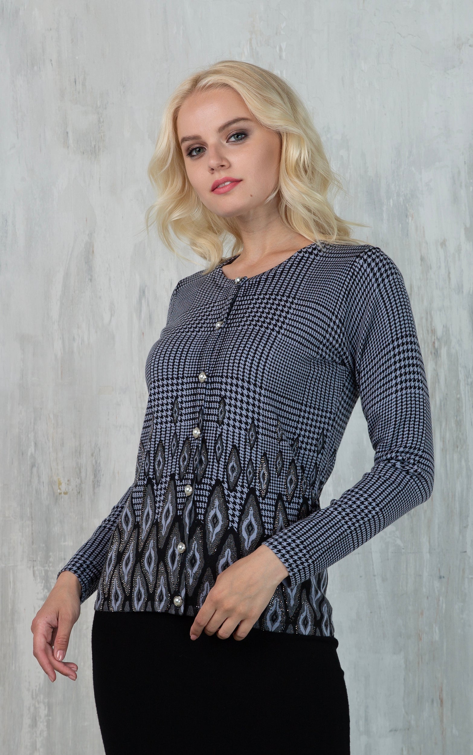 Twinset mit Hahnentritt-Karo und dekorativem Muster