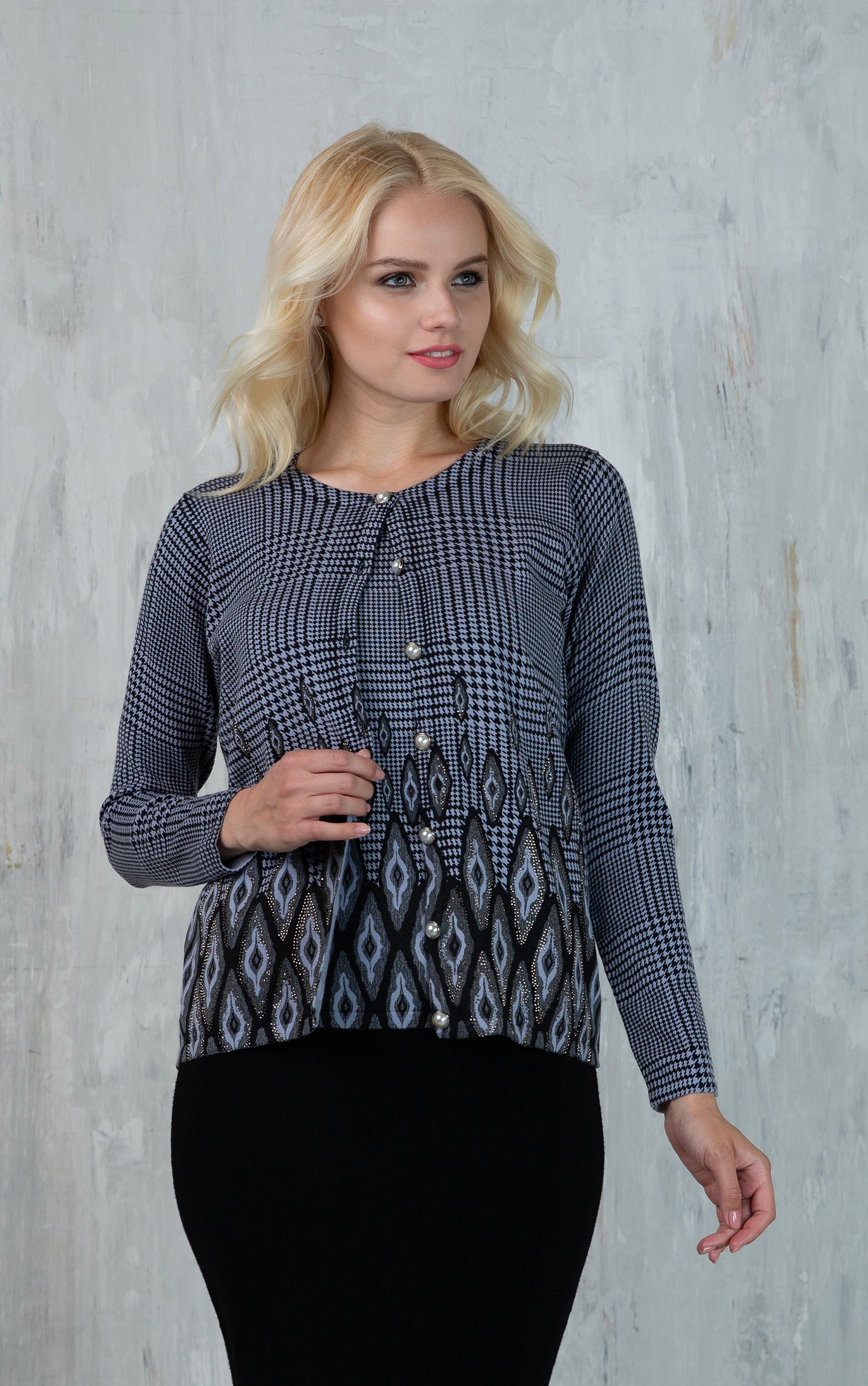 Twinset mit Hahnentritt-Karo und dekorativem Muster