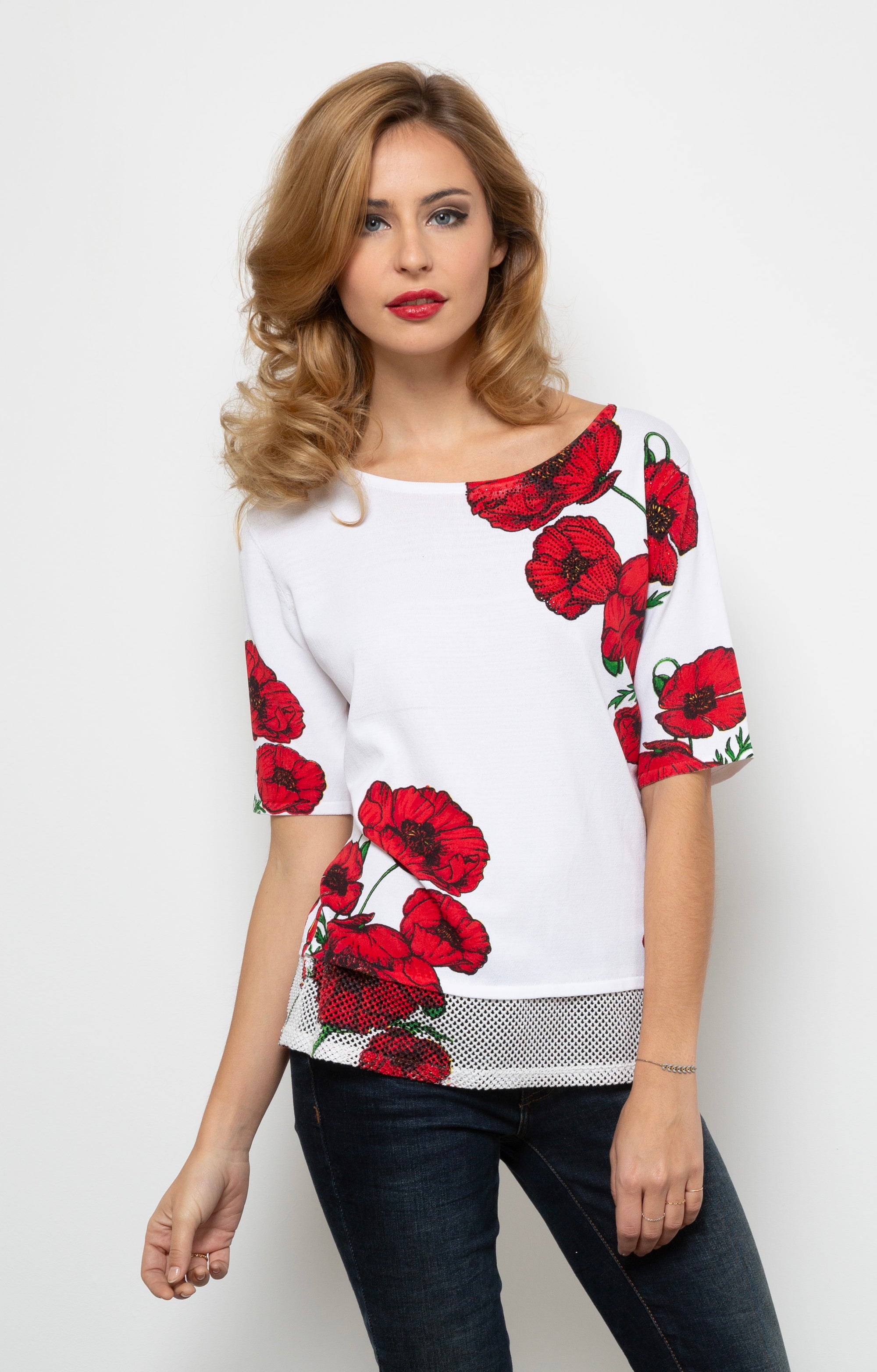 Stricktop mit Mohnblumen-Print