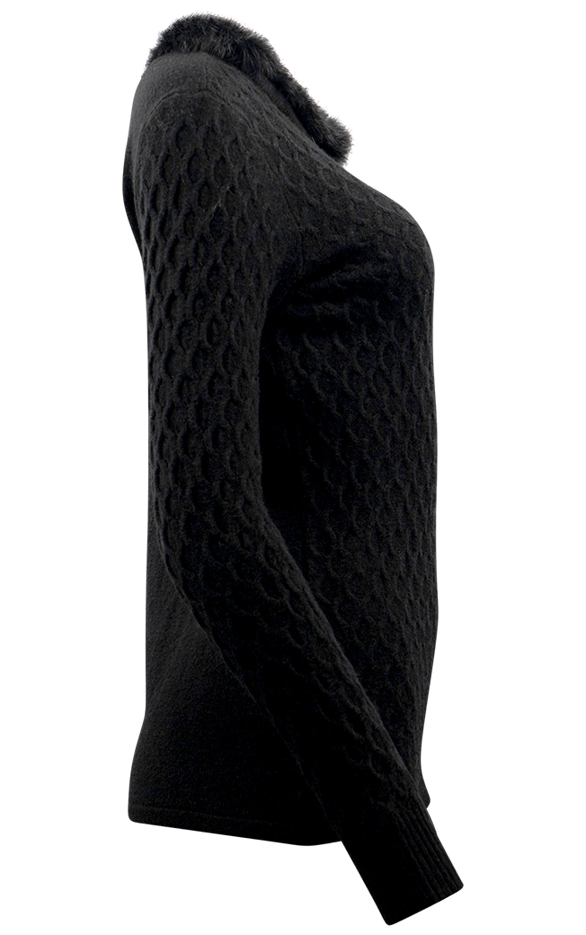 Eleganter Strickpullover mit Waben Muster und Fellbesatz
